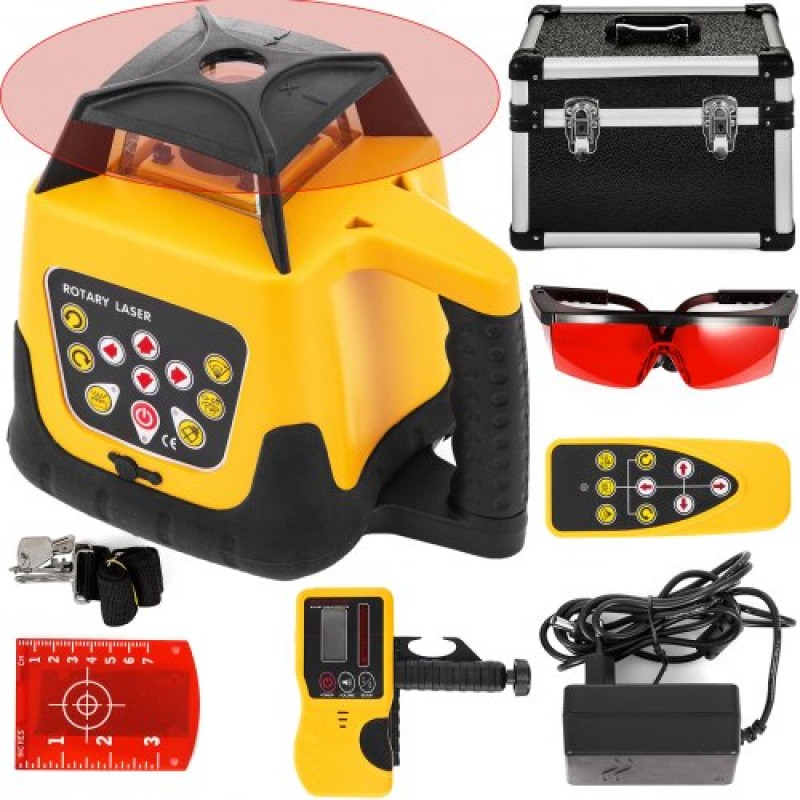 VEVOR Rotary Laser Level Kit Red Beam Ψηφιακό αυτοεπιπεδούμενο περιστροφικό κιτ λέιζερ 500M Range with Remote Control Receiver Case Transporting