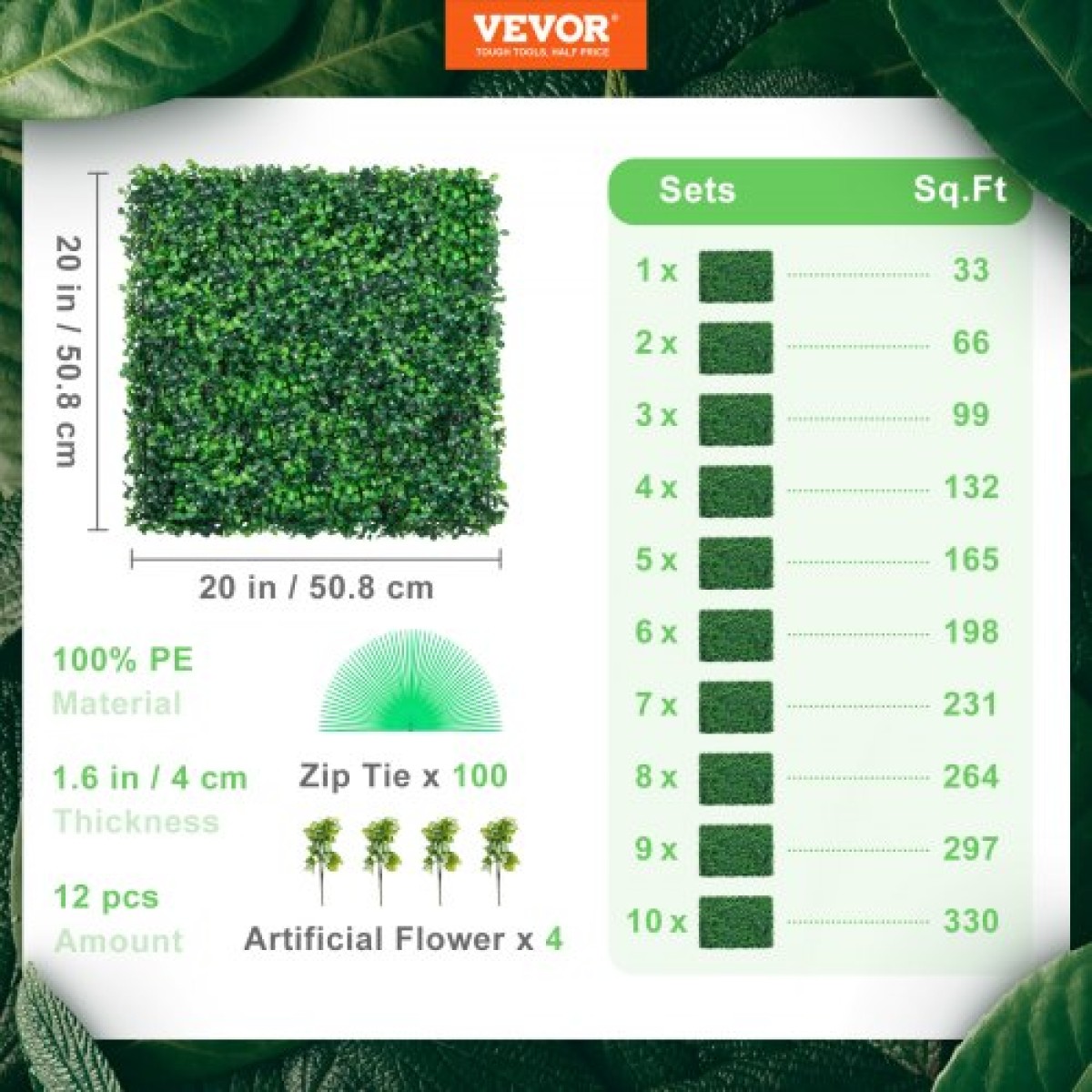 VEVOR Τεχνητό Πυξάρι Πάνελ UV 12τμχ Πυξάρι Θωράκιση Πάνελ τοίχου Τεχνητό γρασίδι Τοίχος με φόντο 20Χ20" 4cm Πράσινο γρασίδι τοίχος Ψεύτικος φράκτης για διακόσμηση Ιδιωτικό Φράχτη Εσωτερικός εξωτερικός κήπος Πίσω αυλή