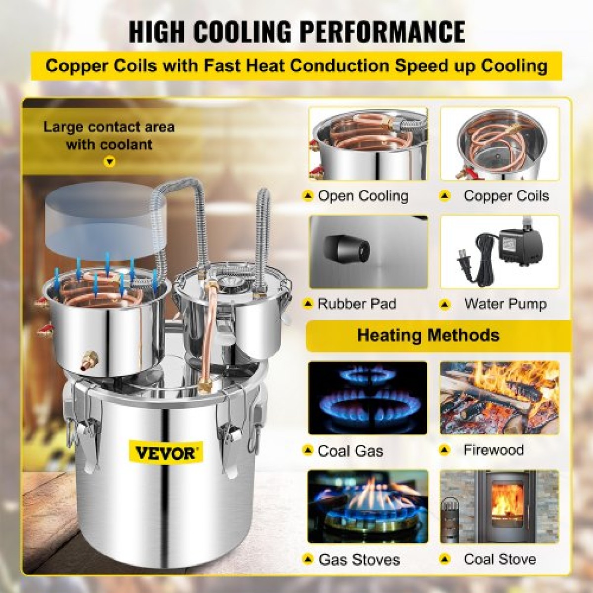 VEVOR Alcohol Still, 50L SUS Water Alcohol Distiller with Condenser & Thumper Keg, 13,2Gal Boiler Wine Making Boiler with Copper Tube, Home Brewing Kit με ενσωματωμένο θερμόμετρο για DIY Whisky Wine Brandy,