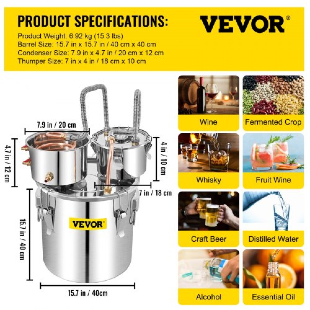 VEVOR Alcohol Still, 50L SUS Water Alcohol Distiller with Condenser & Thumper Keg, 13,2Gal Boiler Wine Making Boiler with Copper Tube, Home Brewing Kit με ενσωματωμένο θερμόμετρο για DIY Whisky Wine Brandy,