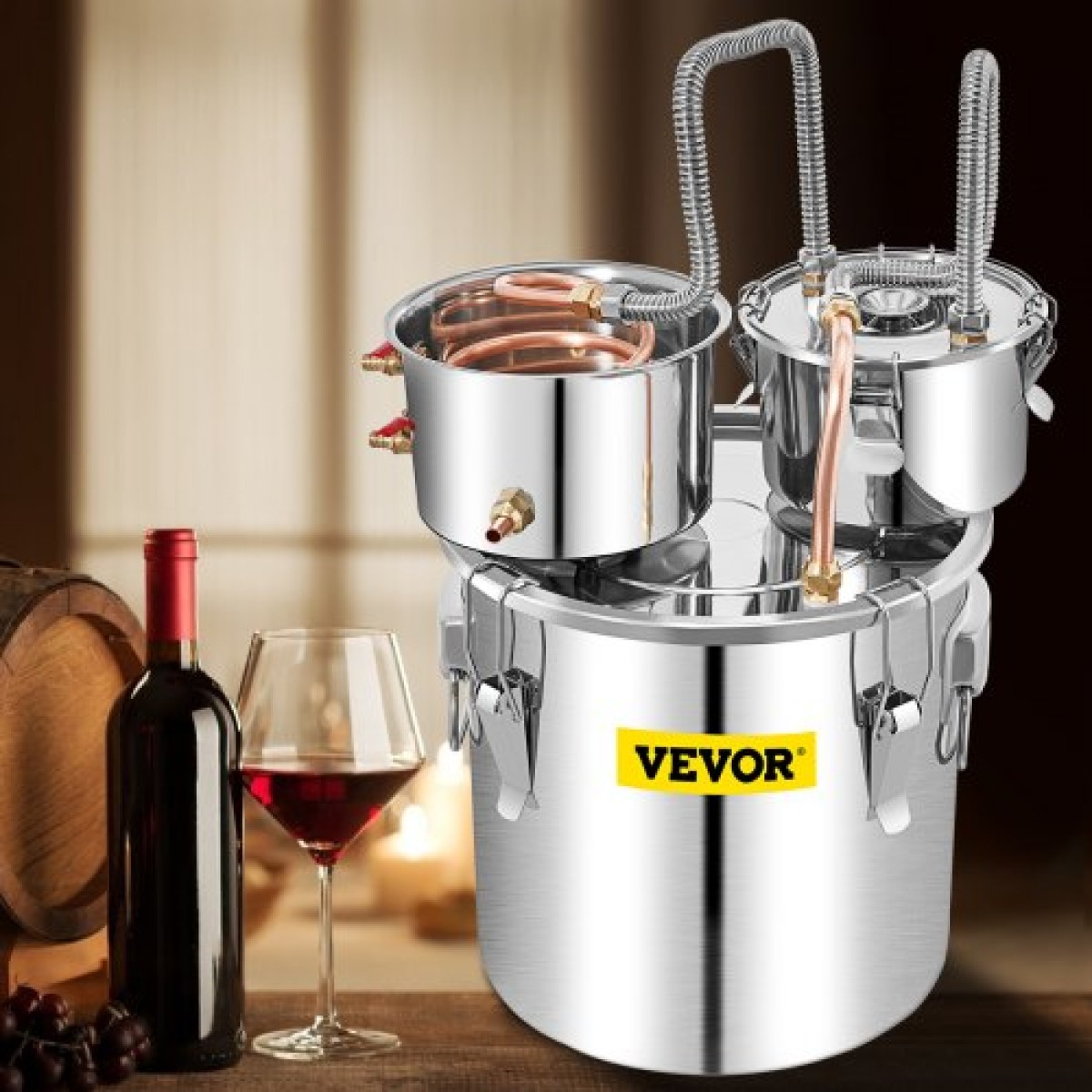 VEVOR Alcohol Still, 50L SUS Water Alcohol Distiller with Condenser & Thumper Keg, 13,2Gal Boiler Wine Making Boiler with Copper Tube, Home Brewing Kit με ενσωματωμένο θερμόμετρο για DIY Whisky Wine Brandy,