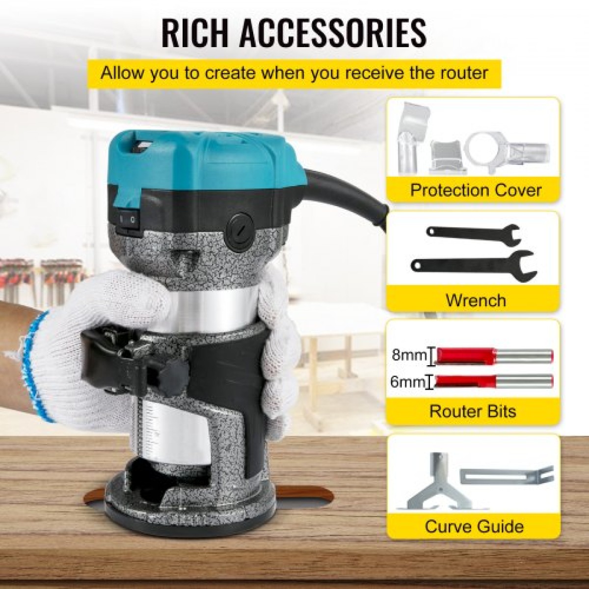 VEVOR Router Tool, 710W Wood Router, Router for Woodworking with 3 Router Collets, Wood Router Tool with Fixed & Plunge & Tilt Base, Woodworking Router with aluminium Shell & 13000-33000 r/min Rotating