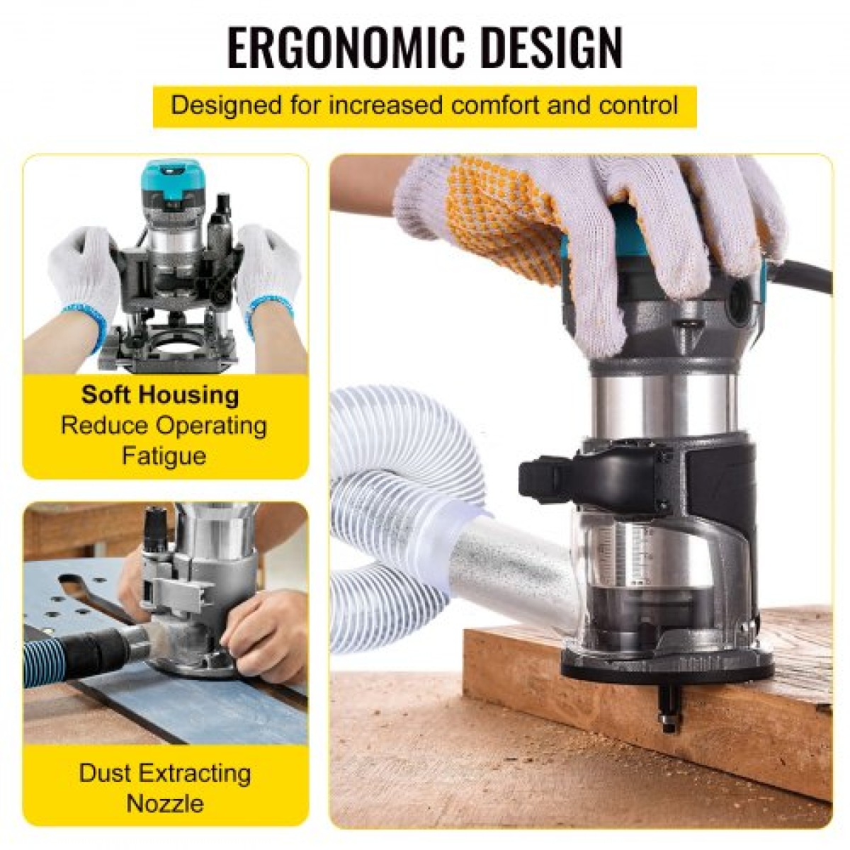 VEVOR Router Tool, 710W Wood Router, Router for Woodworking with 3 Router Collets, Wood Router Tool with Fixed & Plunge & Tilt Base, Woodworking Router with aluminium Shell & 13000-33000 r/min Rotating