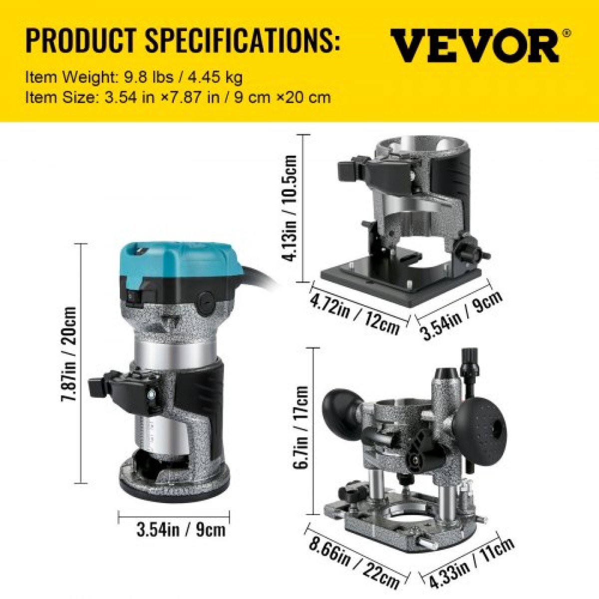 VEVOR Router Tool, 710W Wood Router, Router for Woodworking with 3 Router Collets, Wood Router Tool with Fixed & Plunge & Tilt Base, Woodworking Router with aluminium Shell & 13000-33000 r/min Rotating