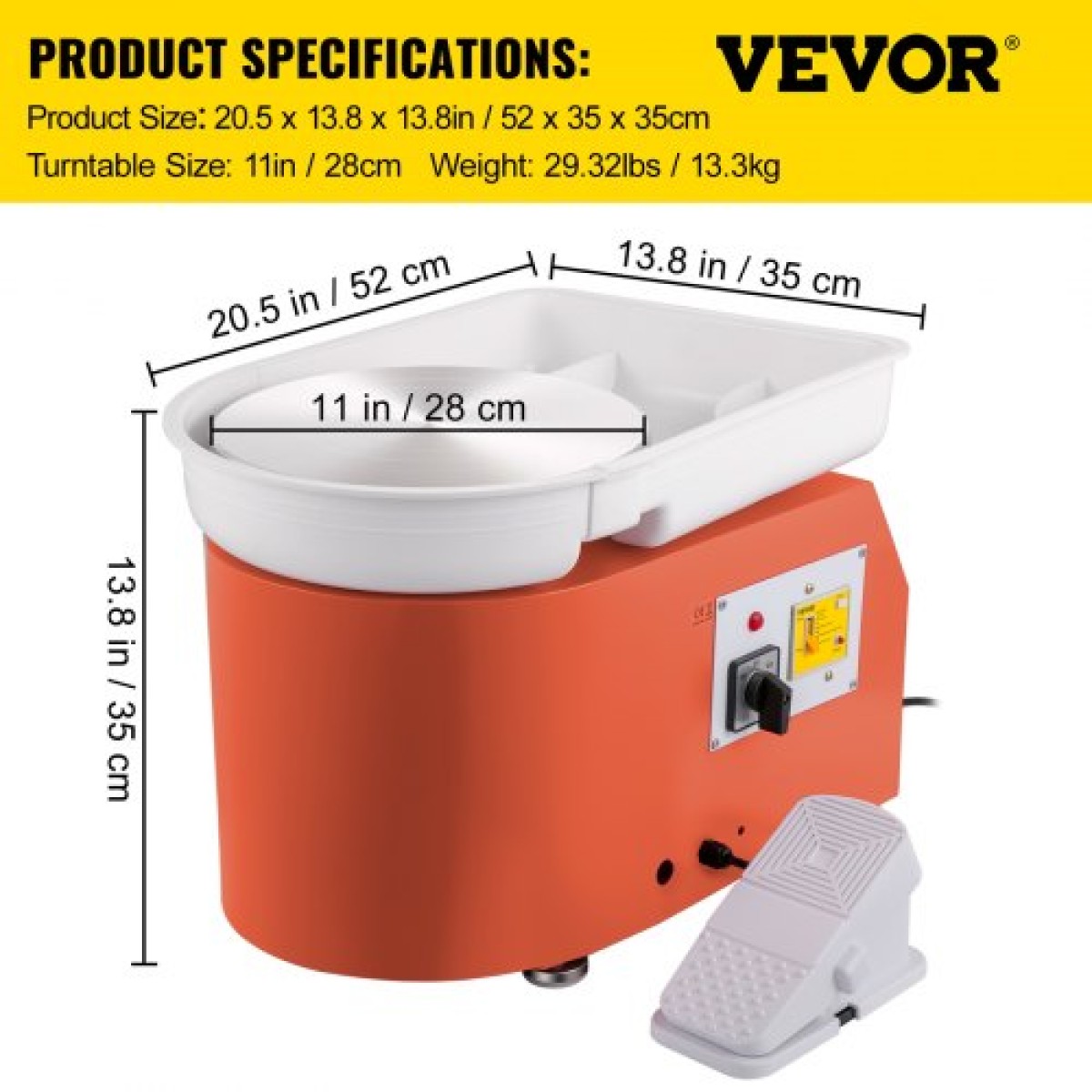 VEVOR Pottery Wheel 27,9 cm 0-300 RPM Κεραμικός τροχός, 350W Ρυθμιζόμενη μηχανή διαμόρφωσης ταχύτητας με εργαλεία γλυπτικής και ποδιά, Αποσπώμενος έλεγχος πεντάλ ποδιών λεκάνης για έργα τέχνης τέχνης και DIY Πορτοκαλί στο σπίτι