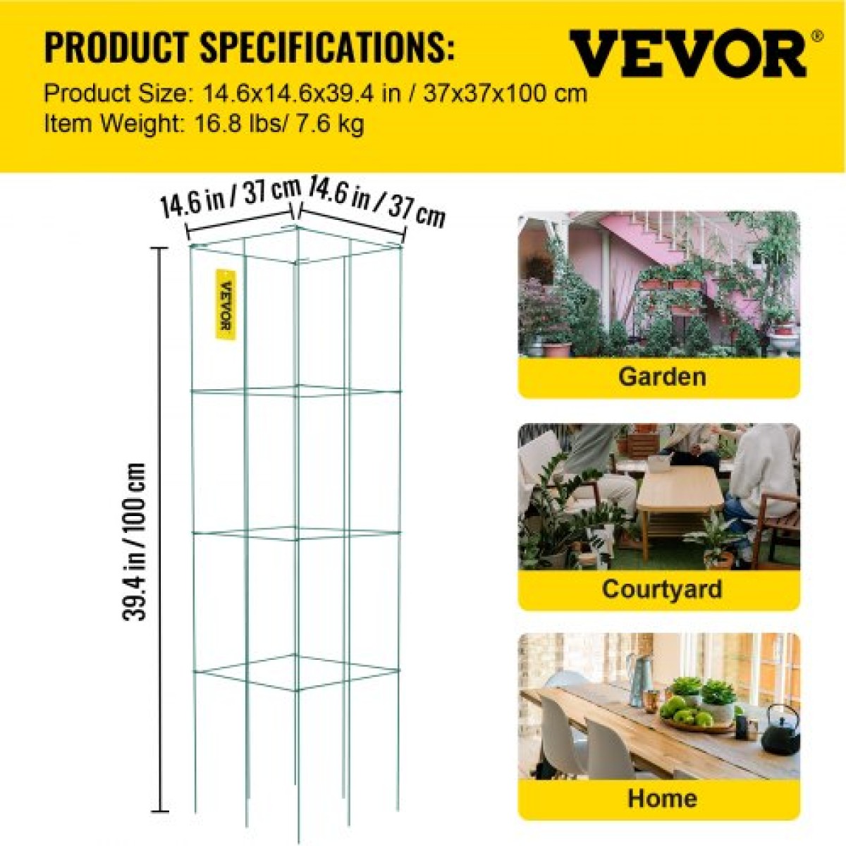 Κλουβιά ντομάτας VEVOR, 14,6" x 14,6" x 39,4", 6 Συσκευασίες Τετράγωνοι κλωβοί στήριξης φυτών, Πράσινοι πύργοι ντομάτας από χάλυβα με επικάλυψη PVC για αναρριχώμενα λαχανικά, φυτά, λουλούδια, φρούτα