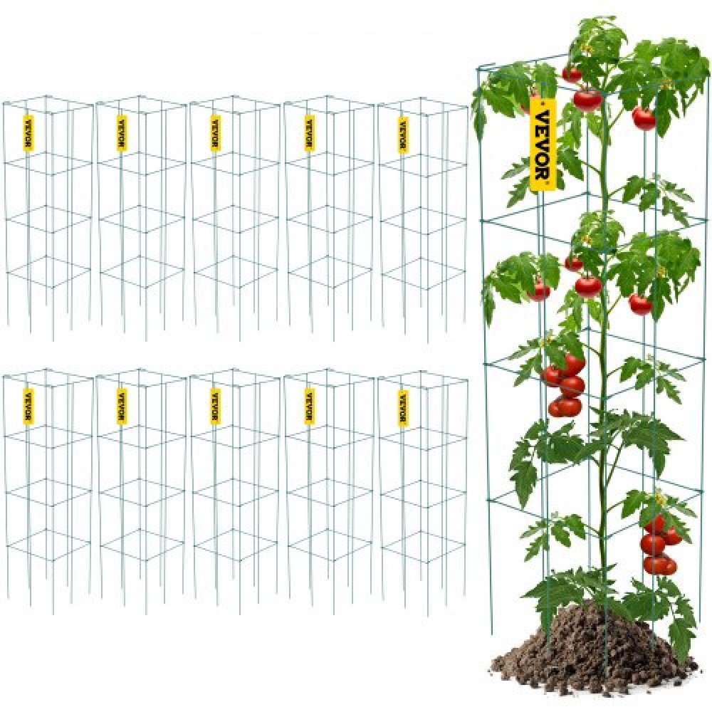 VEVOR Tomato Cages, 11.8" x 11.8" x 46.1", 10 Packs Square Plant Support Cages, Green PVC-Coated Steel Tomato Towers for Climbing Vegetables, Plants, Flowers, Fruits