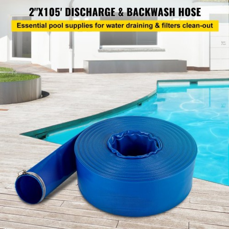 Εύκαμπτος σωλήνας εκκένωσης VEVOR, 51 mm x 32 m, Επίπεδος εύκαμπτος σωλήνας από ύφασμα PVC, σωλήνας αποστράγγισης βαρέως τύπου backwash με σφιγκτήρες, ανθεκτικός στις καιρικές συνθήκες και ανθεκτικός στη διάρρηξη, Ιδανικός για πισίνα και μεταφορά νερού, μ