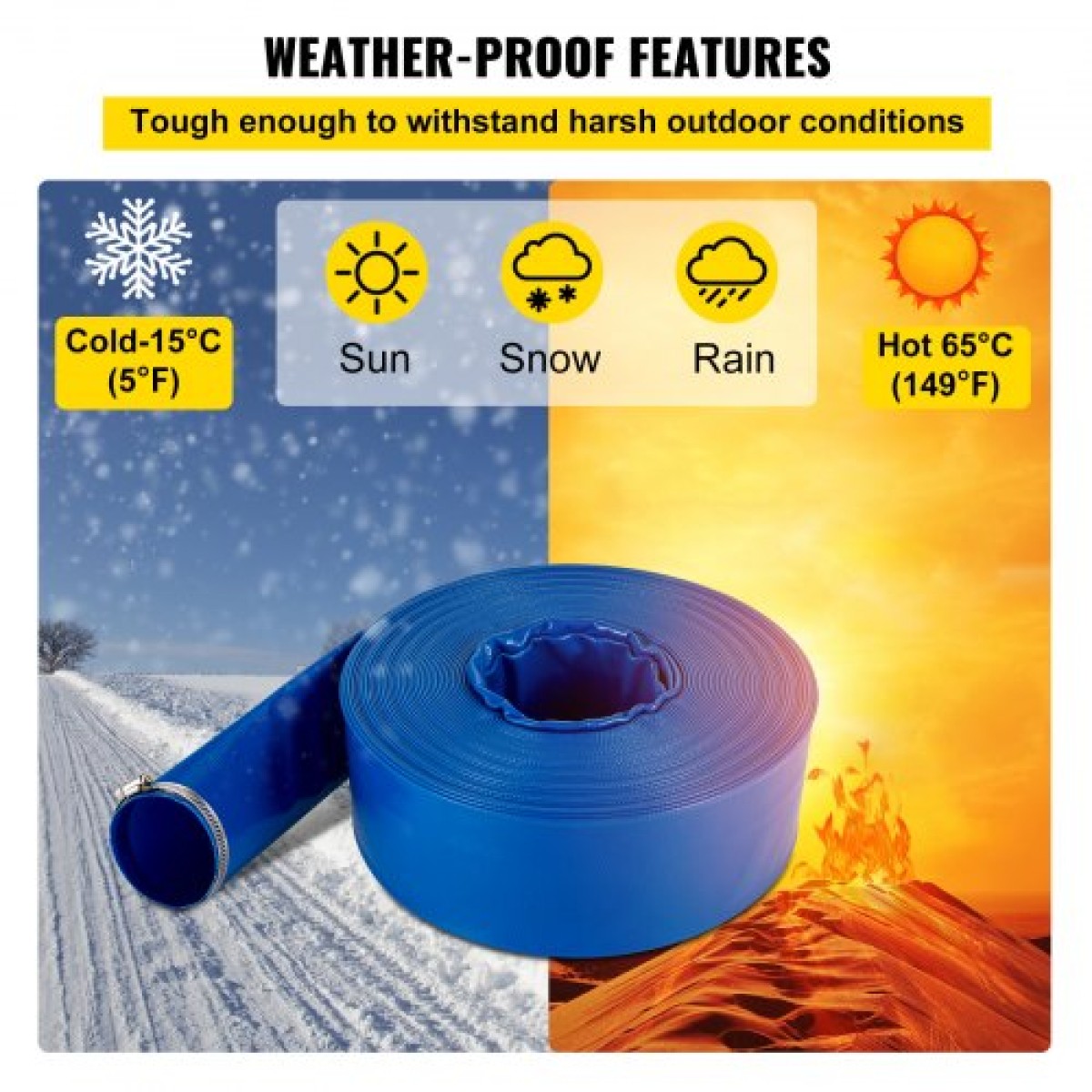Εύκαμπτος σωλήνας εκκένωσης VEVOR, 51 mm x 32 m, Επίπεδος εύκαμπτος σωλήνας από ύφασμα PVC, σωλήνας αποστράγγισης βαρέως τύπου backwash με σφιγκτήρες, ανθεκτικός στις καιρικές συνθήκες και ανθεκτικός στη διάρρηξη, Ιδανικός για πισίνα και μεταφορά νερού, μ