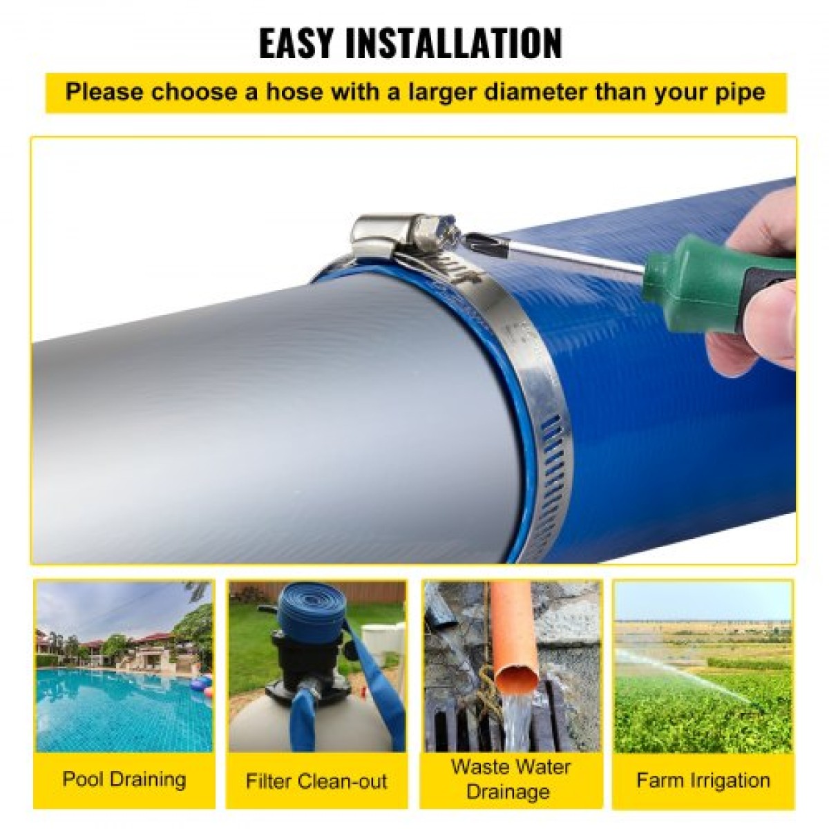 Εύκαμπτος σωλήνας εκκένωσης VEVOR, 51 mm x 32 m, Επίπεδος εύκαμπτος σωλήνας από ύφασμα PVC, σωλήνας αποστράγγισης βαρέως τύπου backwash με σφιγκτήρες, ανθεκτικός στις καιρικές συνθήκες και ανθεκτικός στη διάρρηξη, Ιδανικός για πισίνα και μεταφορά νερού, μ