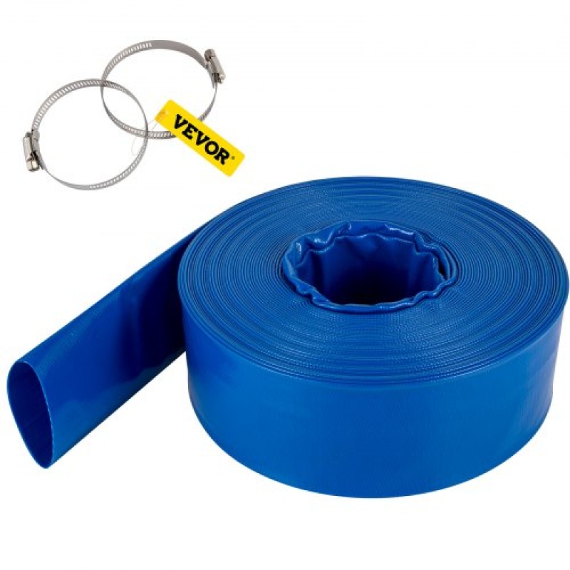 Εύκαμπτος σωλήνας εκκένωσης VEVOR, 51 mm x 32 m, Επίπεδος εύκαμπτος σωλήνας από ύφασμα PVC, σωλήνας αποστράγγισης βαρέως τύπου backwash με σφιγκτήρες, ανθεκτικός στις καιρικές συνθήκες και ανθεκτικός στη διάρρηξη, Ιδανικός για πισίνα και μεταφορά νερού, μ