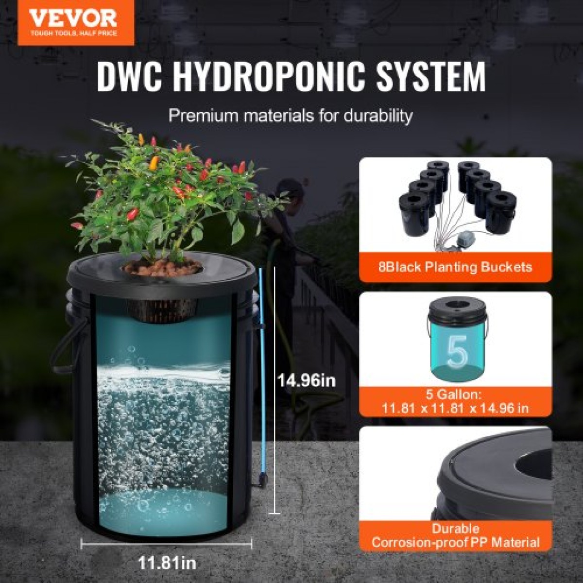 VEVOR DWC Hydroponics Grow System, Hydroponic Growing System, Deep Water Culture 5-Gallon 8 Buckets, DWC System with Air Pump, Air Stones και Water Level Device for Leafy Lagetables