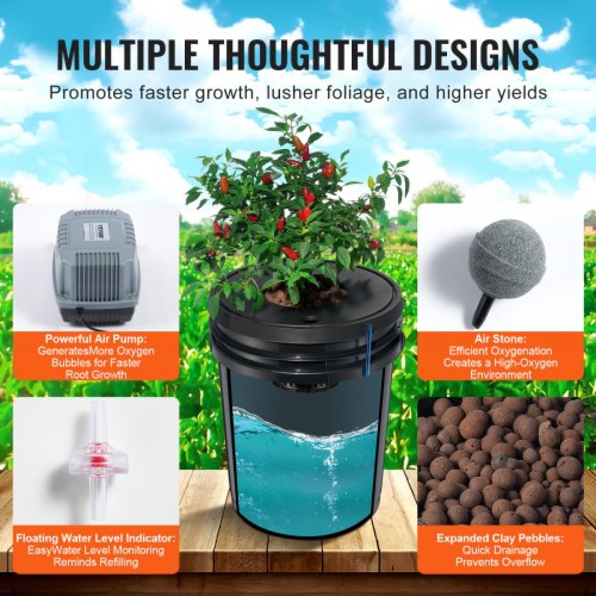 VEVOR DWC Hydroponics Grow System, Hydroponic Growing System, Deep Water Culture 5-Gallon 8 Buckets, DWC System with Air Pump, Air Stones και Water Level Device for Leafy Lagetables