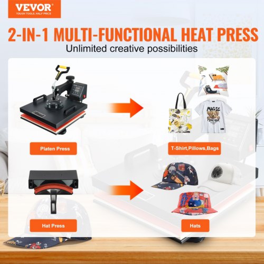 VEVOR Heat Press Machine, 15x15inch / 38x38cm, 2IN1 Clamshell Sublimation Transfer Printer with Teflon Coating, Digital Precise Heat Control, Powerpress for T-shirts Καπέλα Καπέλα