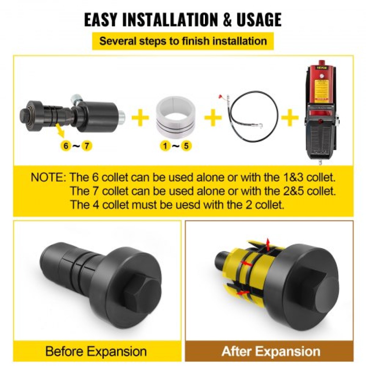 VEVOR Hydraulic Exhaust Pipe Expander, μέγεθος 4,1 έως 10,8 cm, 10 T πεντάλ αντλία περιλαμβάνεται με 4 μήτρες, 2 θήκες αποθήκευσης για χάλκινους σωλήνες αλουμινίου στην επισκευή αυτοκινήτων