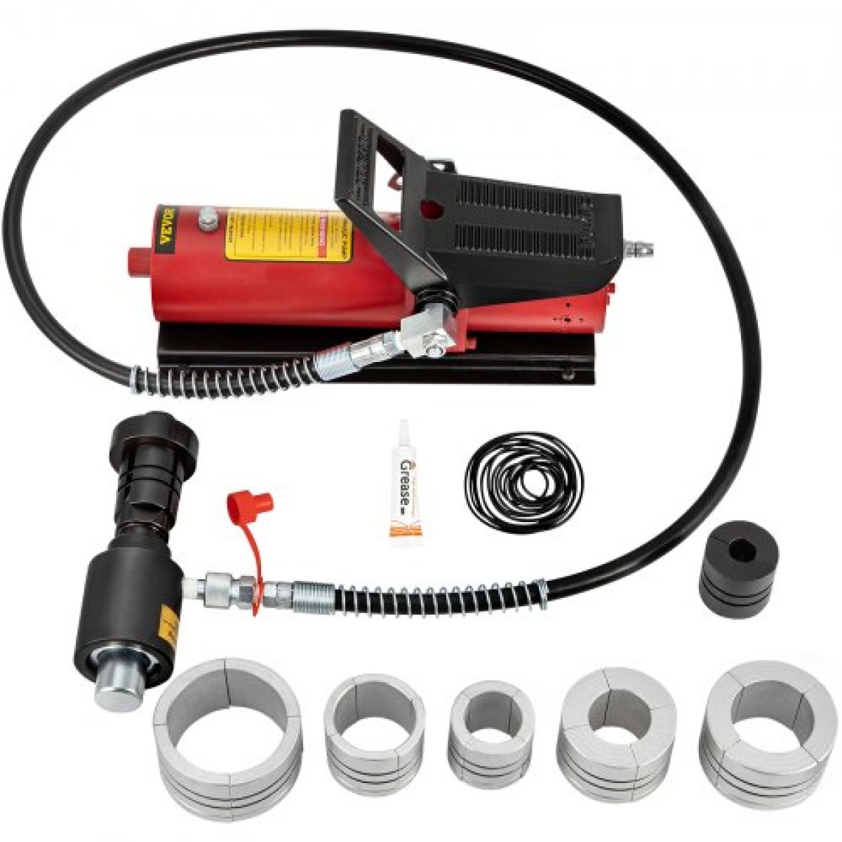 VEVOR Hydraulic Exhaust Pipe Expander, μέγεθος 4,1 έως 10,8 cm, 10 T πεντάλ αντλία περιλαμβάνεται με 4 μήτρες, 2 θήκες αποθήκευσης για χάλκινους σωλήνες αλουμινίου στην επισκευή αυτοκινήτων