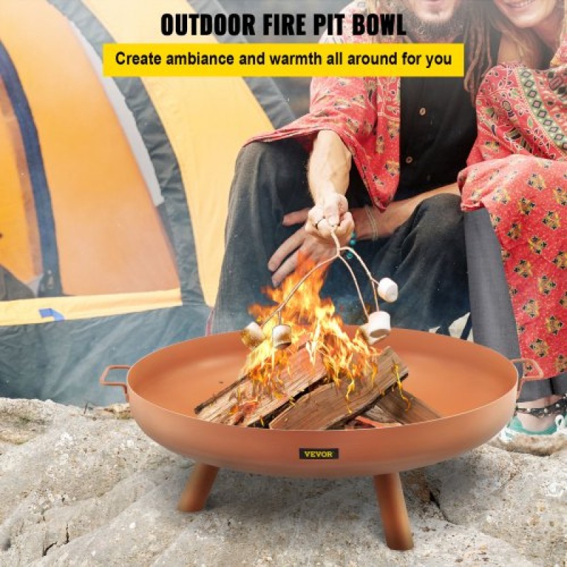 Μπολ VEVOR Fire Pit, 30 ιντσών βαθύ στρογγυλό μπολ από ανθρακούχο χάλυβα, καύση ξύλου για εξωτερικά αίθρια, αυλές και κάμπινγκ, με τρύπα αποστράγγισης, φορητές λαβές και ραβδί καυσόξυλου, καφέ