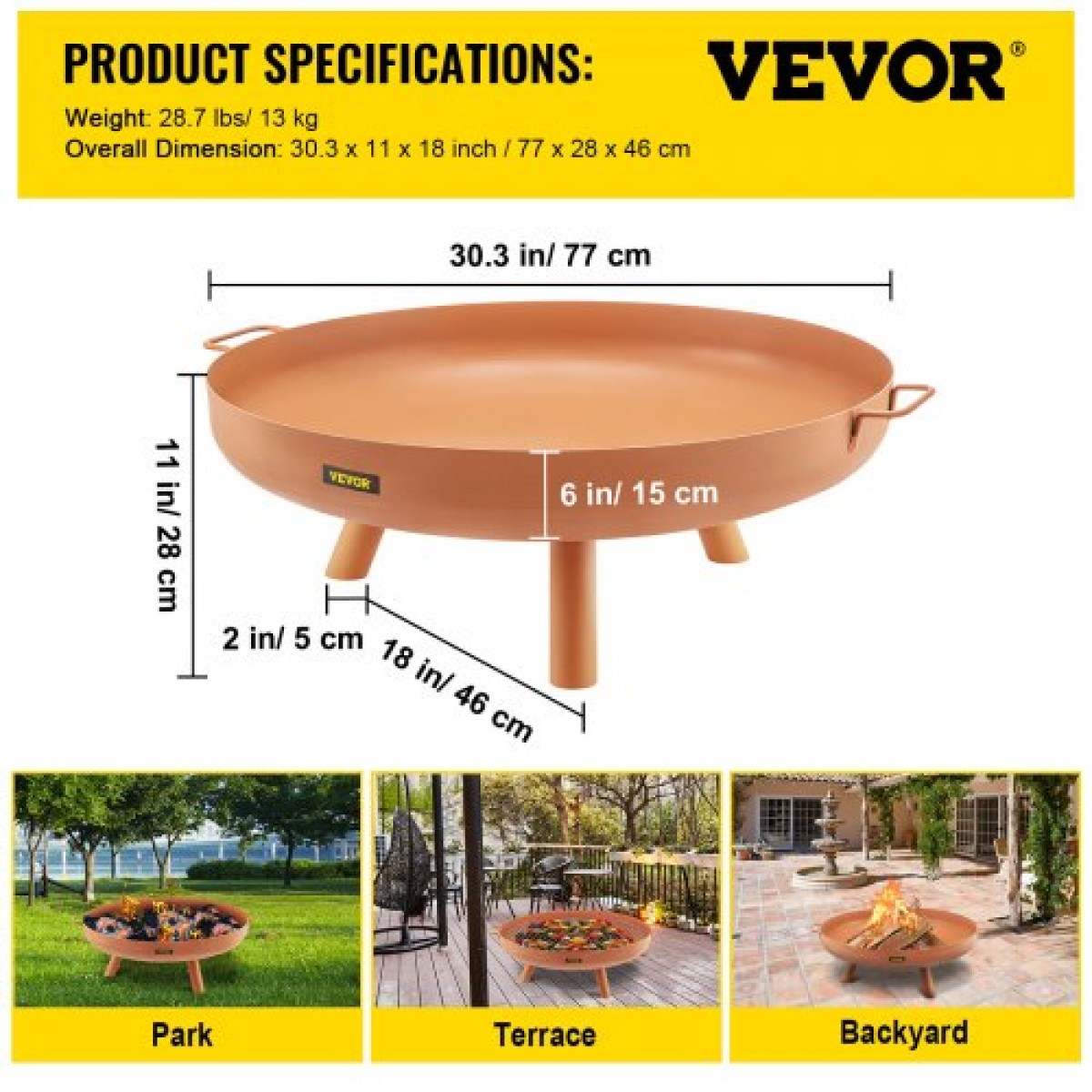 Μπολ VEVOR Fire Pit, 30 ιντσών βαθύ στρογγυλό μπολ από ανθρακούχο χάλυβα, καύση ξύλου για εξωτερικά αίθρια, αυλές και κάμπινγκ, με τρύπα αποστράγγισης, φορητές λαβές και ραβδί καυσόξυλου, καφέ