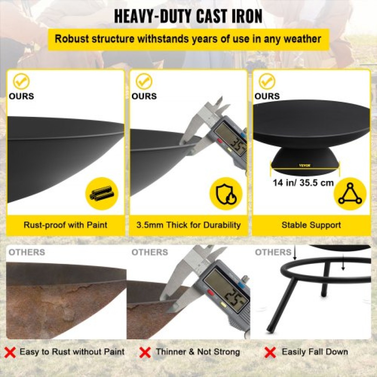 VEVOR Fire Pit Bowl, 30 ιντσών βαθύ στρογγυλό μπολ από χυτοσίδηρο, καύση ξύλου για εξωτερικά αίθρια, αυλές και κάμπινγκ, με βάση σχεδιασμένη για σταθερό μπολ και ραβδί καυσόξυλου, μαύρο