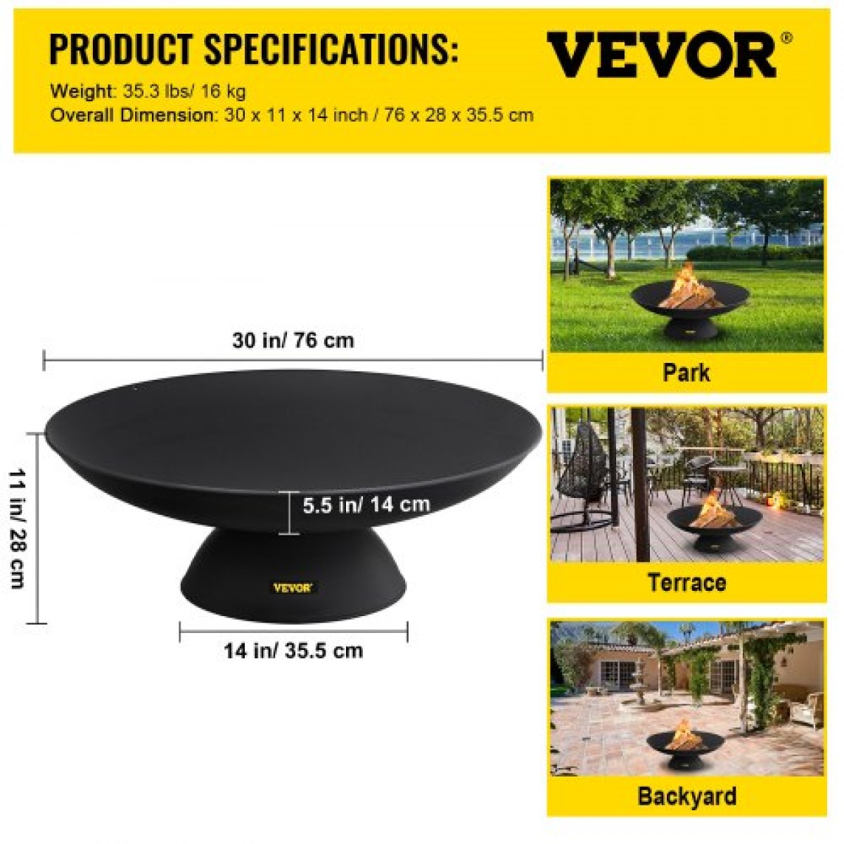 VEVOR Fire Pit Bowl, 30 ιντσών βαθύ στρογγυλό μπολ από χυτοσίδηρο, καύση ξύλου για εξωτερικά αίθρια, αυλές και κάμπινγκ, με βάση σχεδιασμένη για σταθερό μπολ και ραβδί καυσόξυλου, μαύρο