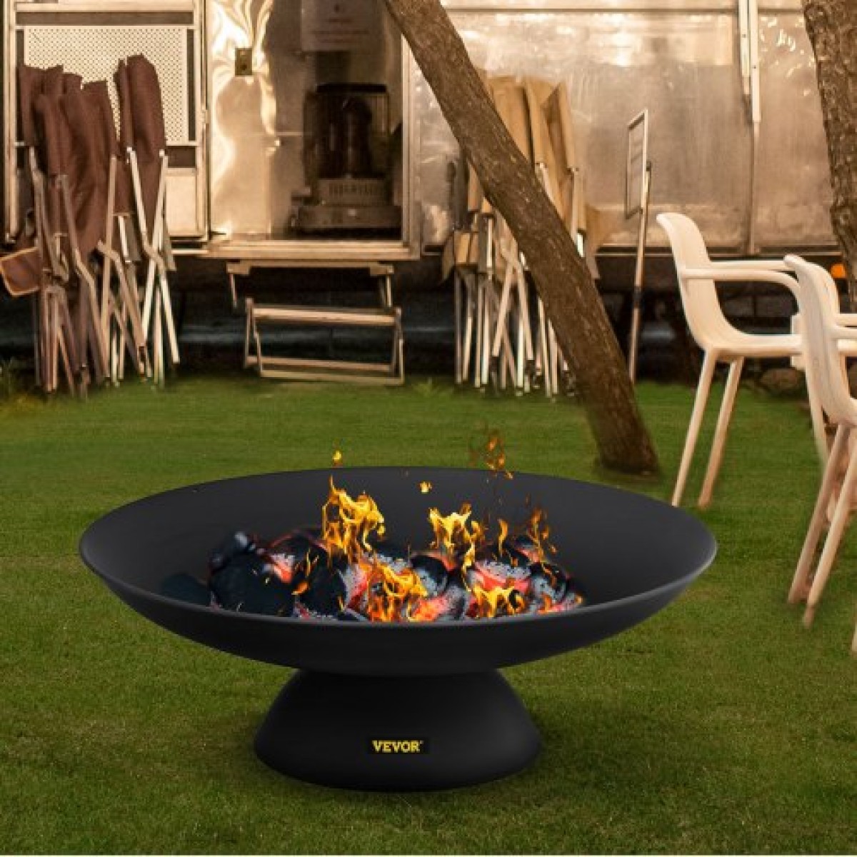 VEVOR Fire Pit Bowl, 30 ιντσών βαθύ στρογγυλό μπολ από χυτοσίδηρο, καύση ξύλου για εξωτερικά αίθρια, αυλές και κάμπινγκ, με βάση σχεδιασμένη για σταθερό μπολ και ραβδί καυσόξυλου, μαύρο