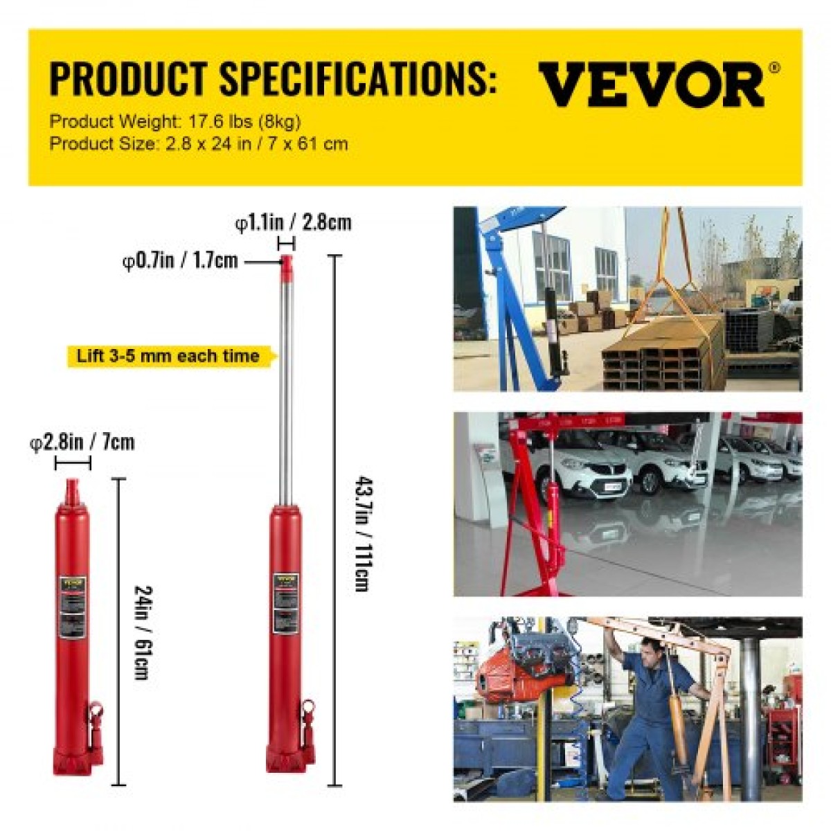 VEVOR Hydraulic Long Ram Jack, χωρητικότητα 4 Tons/8818 lbs, με μονοέμβολη αντλία και επίπεδη βάση, χειροκίνητος επιλογέας κερασιού με λαβή, για γερανούς γκαράζ/καταστήματος, ανυψωτικό κινητήρα, κόκκινο