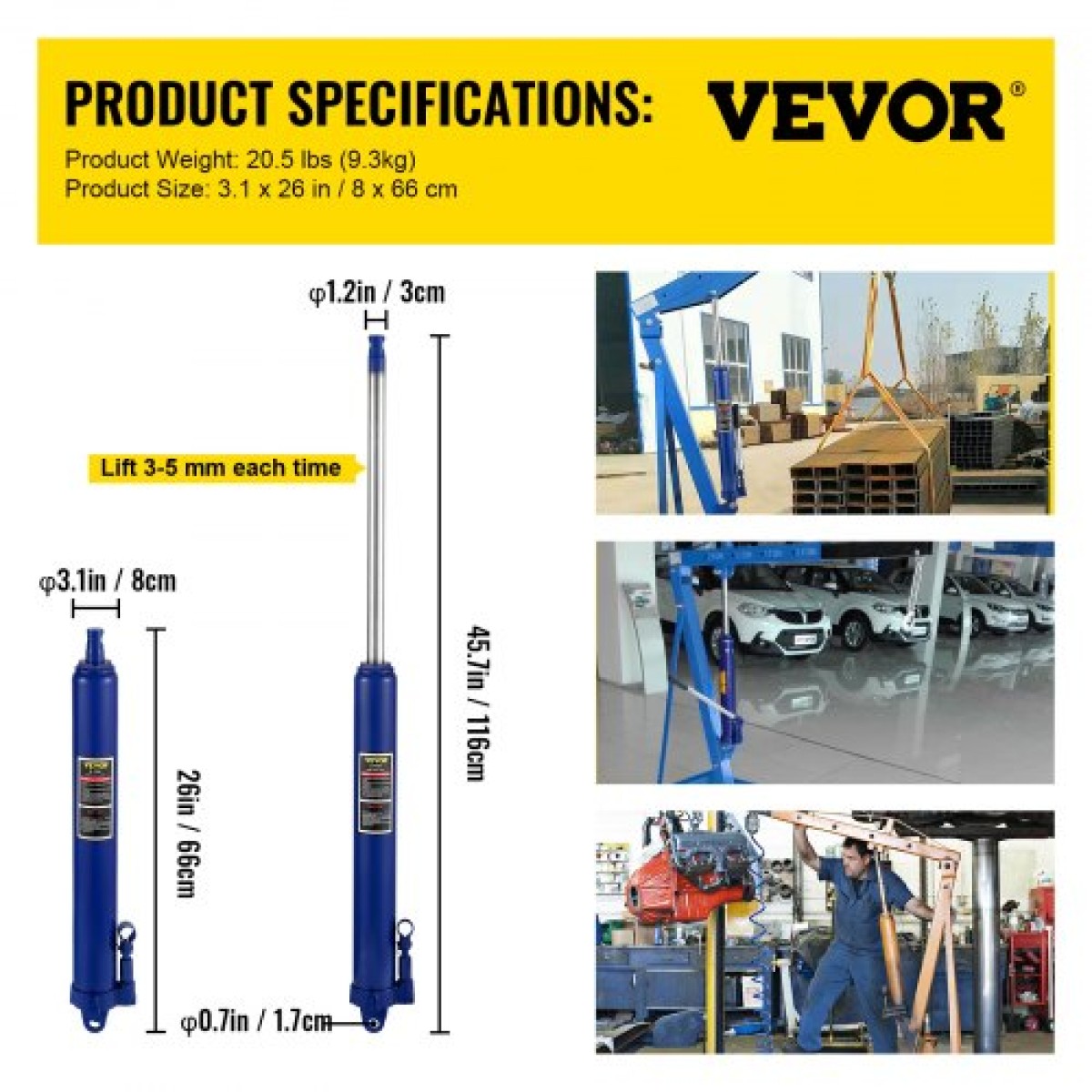 VEVOR Hydraulic Long Ram Jack, χωρητικότητας 8 Tons/17363 lbs, με μονοέμβολη αντλία και βάση Clevis, Χειροκίνητος επιλογέας Cherry με λαβή, για γερανούς γκαράζ/καταστήματος, ανυψωτικό κινητήρα, μπλε