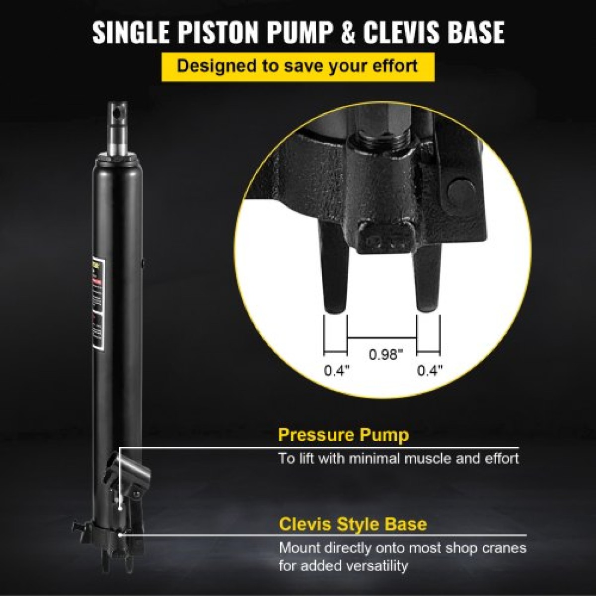 VEVOR Hydraulic Long Ram Jack, χωρητικότητας 3 Tons/6600 lbs, με μονοέμβολη αντλία και βάση Clevis, χειροκίνητος επιλογέας κερασιού με λαβή, για γερανούς γκαράζ/καταστήματος, ανυψωτικό κινητήρα, μαύρο