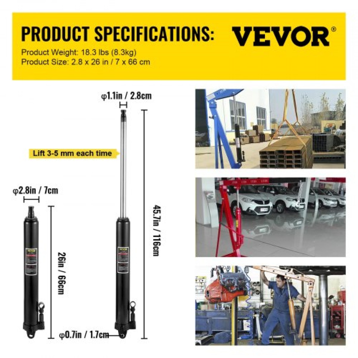 VEVOR Hydraulic Long Ram Jack, χωρητικότητας 3 Tons/6600 lbs, με μονοέμβολη αντλία και βάση Clevis, χειροκίνητος επιλογέας κερασιού με λαβή, για γερανούς γκαράζ/καταστήματος, ανυψωτικό κινητήρα, μαύρο