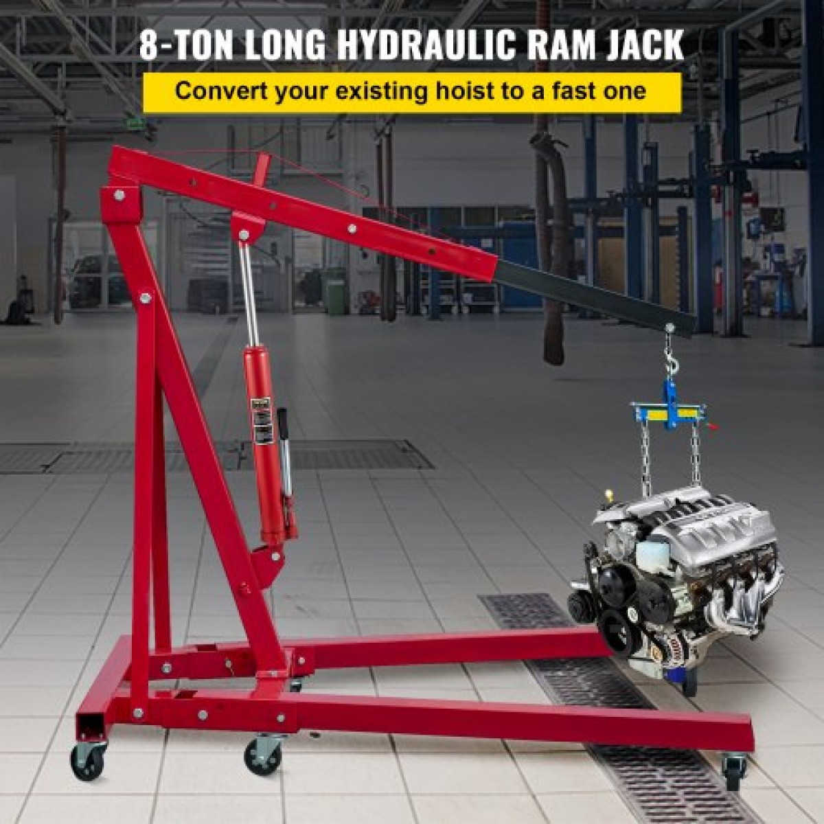VEVOR Hydraulic Long Ram Jack, χωρητικότητα 8 Tons/17363 lbs, με μονοέμβολη αντλία και βάση Clevis, χειροκίνητος επιλογέας κερασιού με λαβή, για γερανούς γκαράζ/καταστήματος, ανυψωτικό κινητήρα, κόκκινο