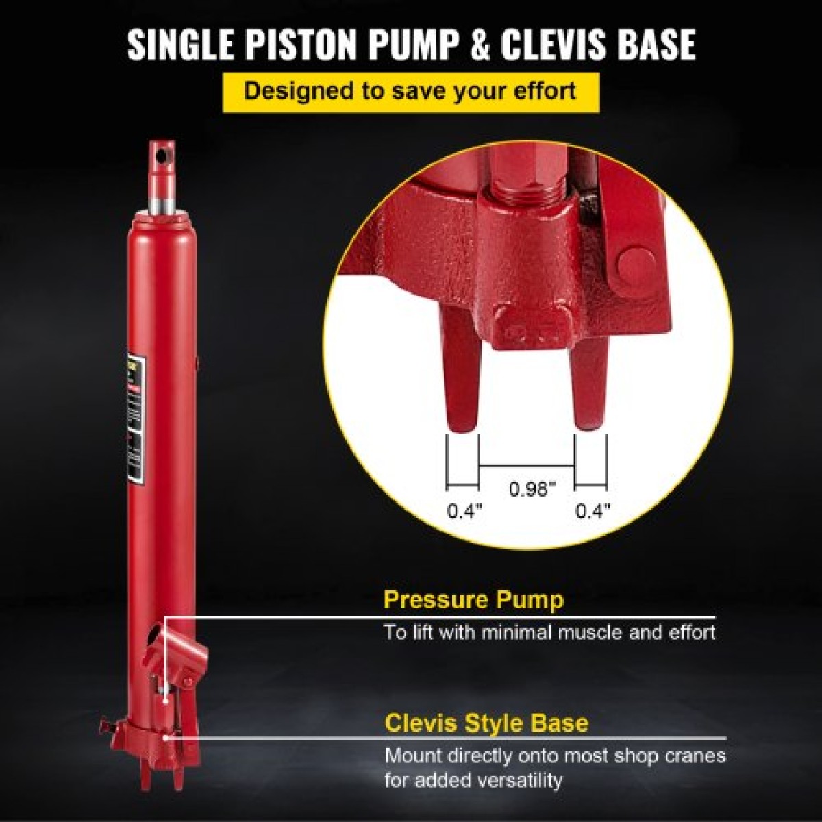VEVOR Hydraulic Long Ram Jack, χωρητικότητα 8 Tons/17363 lbs, με μονοέμβολη αντλία και βάση Clevis, χειροκίνητος επιλογέας κερασιού με λαβή, για γερανούς γκαράζ/καταστήματος, ανυψωτικό κινητήρα, κόκκινο