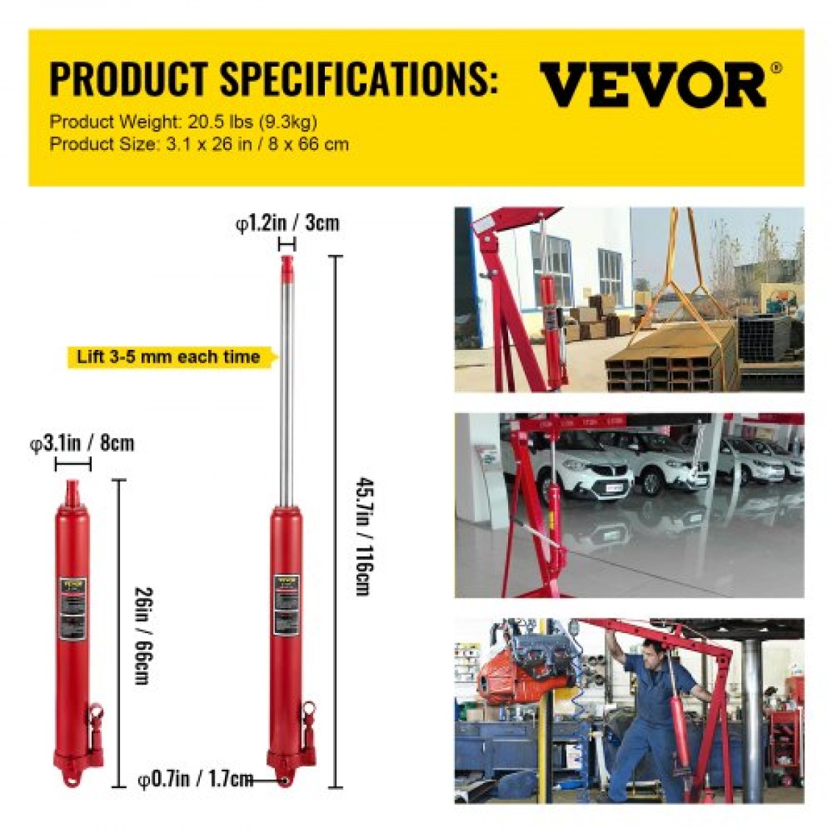 VEVOR Hydraulic Long Ram Jack, χωρητικότητα 8 Tons/17363 lbs, με μονοέμβολη αντλία και βάση Clevis, χειροκίνητος επιλογέας κερασιού με λαβή, για γερανούς γκαράζ/καταστήματος, ανυψωτικό κινητήρα, κόκκινο