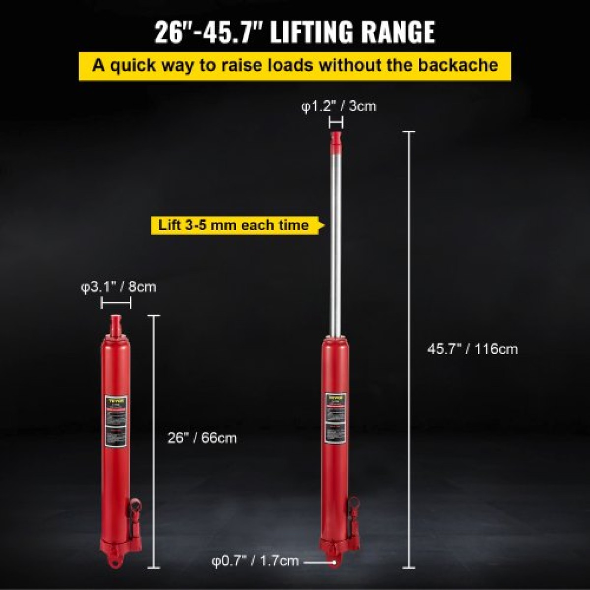 VEVOR Hydraulic Long Ram Jack, χωρητικότητας 3 Tons/6600 lbs, με μονοέμβολη αντλία και βάση Clevis, χειροκίνητος επιλογέας κερασιού με λαβή, για γερανούς γκαράζ/καταστήματος, ανυψωτικό κινητήρα, κόκκινο
