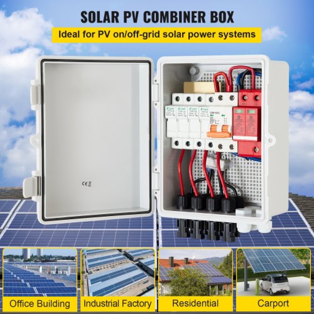 VEVOR PV Combiner Box, 4 String, Solar Combiner Box με ονομαστική ασφάλεια ρεύματος 15A, διακόπτη 63A, αστραπή και ηλιακό βύσμα, για On/Off Grid Solar Panel System, IP65 Waterproof 17 x 23 x 11 cm