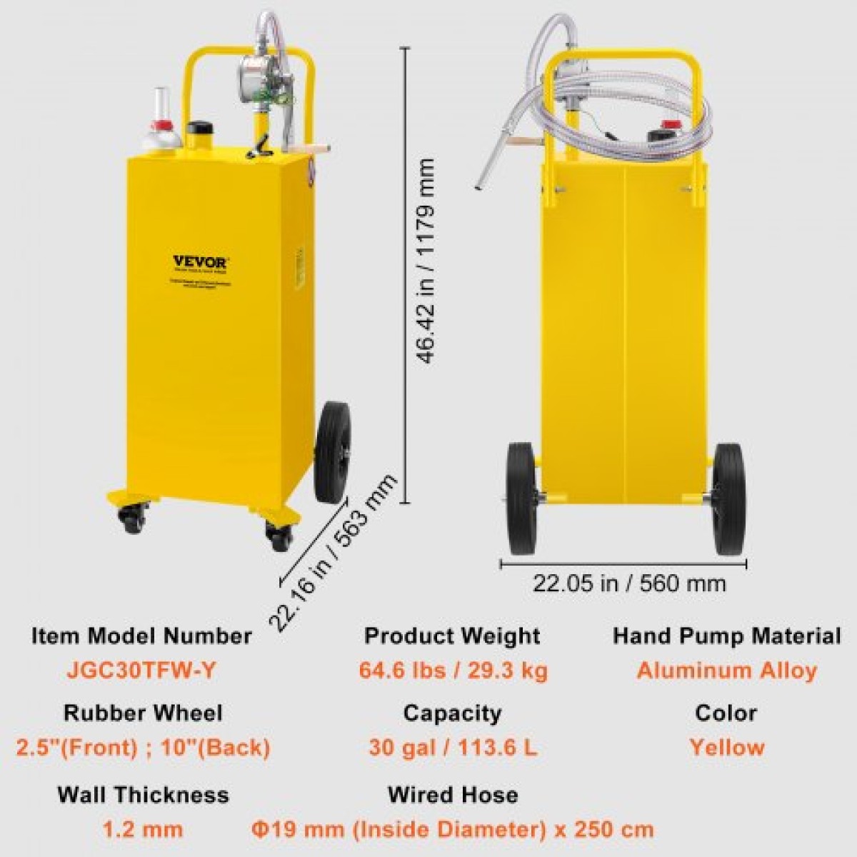 VEVOR 30 Gallon Fuel Caddy, Gas Storage Tank & 4 Wheels, with Manuel Transfer Pump, βενζινοδοχείο καυσίμου ντίζελ για αυτοκίνητα, χορτοκοπτικά, ATV, σκάφη, Περισσότερα, κίτρινο