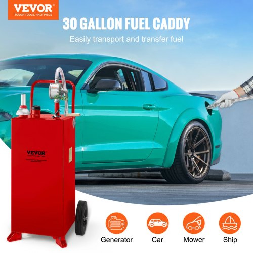 VEVOR 30 Gallon Fuel Caddy, Fuel Storage Tank σε 2 τροχούς, Φορητό Gas Caddy με Manuel Transfer Pump, βενζίνη ντίζελ δοχείο καυσίμου για αυτοκίνητα, χορτοκοπτικά, ATV, σκάφη, Περισσότερα, κόκκινο
