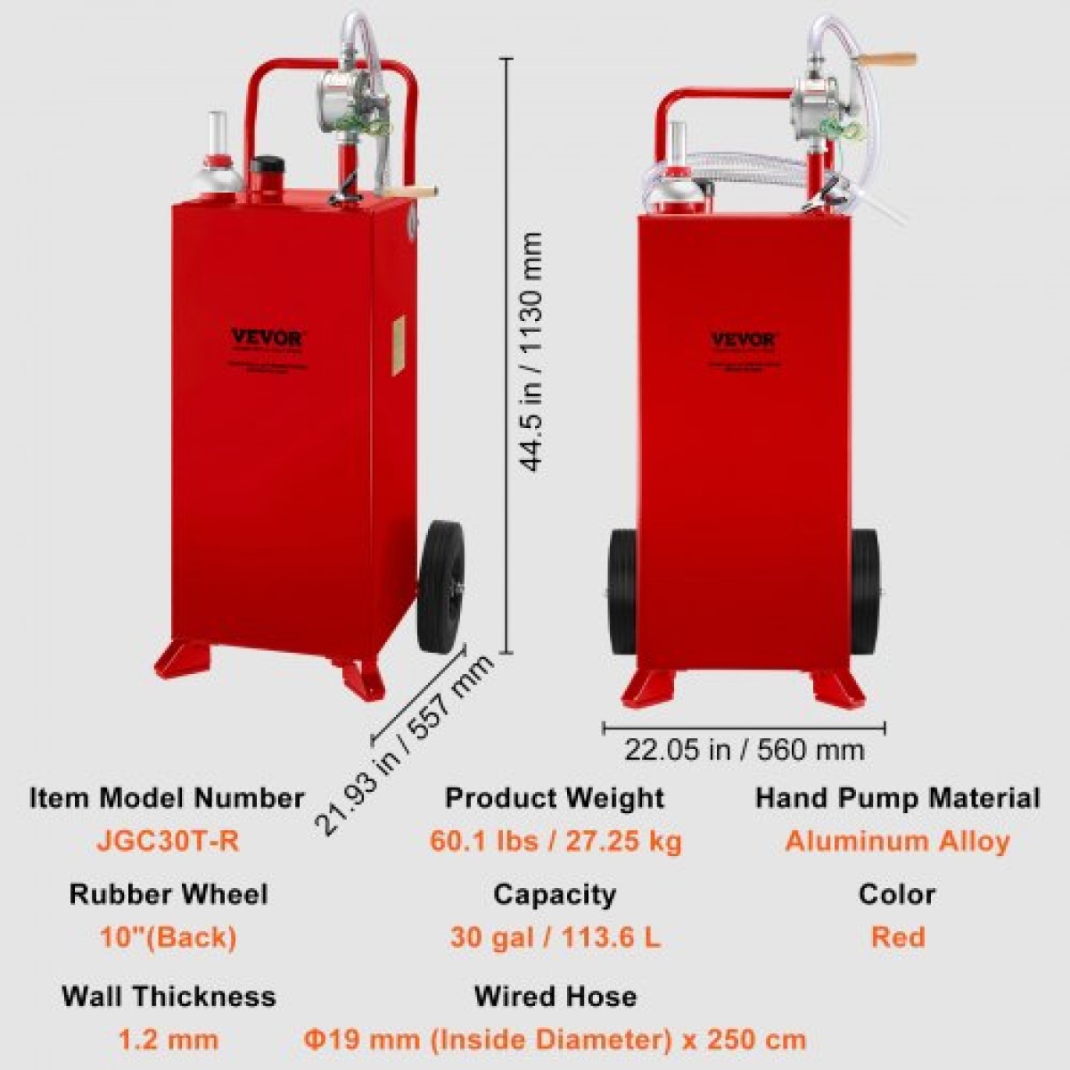 VEVOR 30 Gallon Fuel Caddy, Fuel Storage Tank σε 2 τροχούς, Φορητό Gas Caddy με Manuel Transfer Pump, βενζίνη ντίζελ δοχείο καυσίμου για αυτοκίνητα, χορτοκοπτικά, ATV, σκάφη, Περισσότερα, κόκκινο