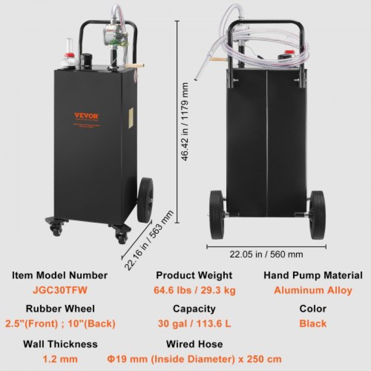 VEVOR 30 Gallon Fuel Caddy, Gas Storage Tank & 4 Wheels, with Manuel Transfer Pump, βενζινοδοχείο καυσίμου ντίζελ για αυτοκίνητα, χορτοκοπτικά, ATV, σκάφη, Περισσότερα, Μαύρο