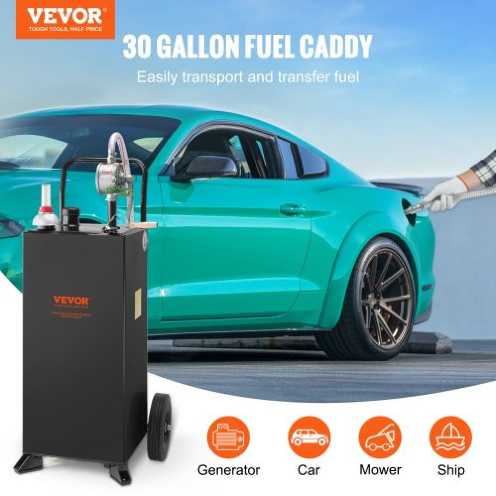 VEVOR 30 Gallon Caddy, Δεξαμενή αποθήκευσης καυσίμου με ρόδες, φορητό δοχείο καυσίμου με αντλία μεταφοράς Manuel, δοχείο καυσίμου βενζίνης ντίζελ για αυτοκίνητα, χορτοκοπτικά, ATV, σκάφη, Περισσότερα, Μαύρο