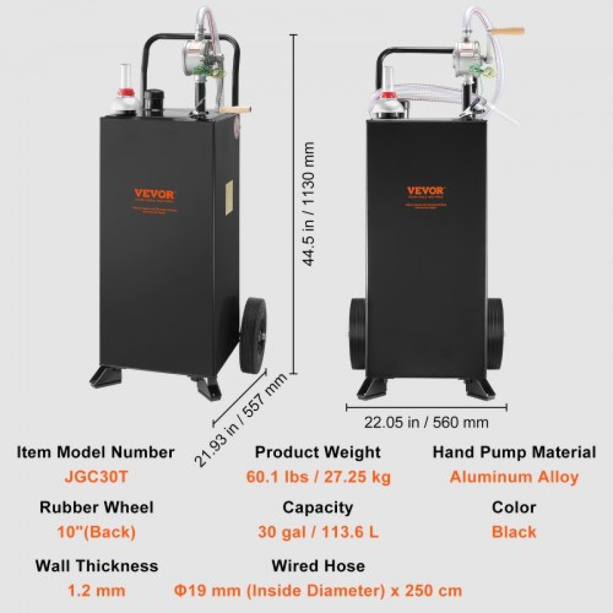 VEVOR 30 Gallon Caddy, Δεξαμενή αποθήκευσης καυσίμου με ρόδες, φορητό δοχείο καυσίμου με αντλία μεταφοράς Manuel, δοχείο καυσίμου βενζίνης ντίζελ για αυτοκίνητα, χορτοκοπτικά, ATV, σκάφη, Περισσότερα, Μαύρο
