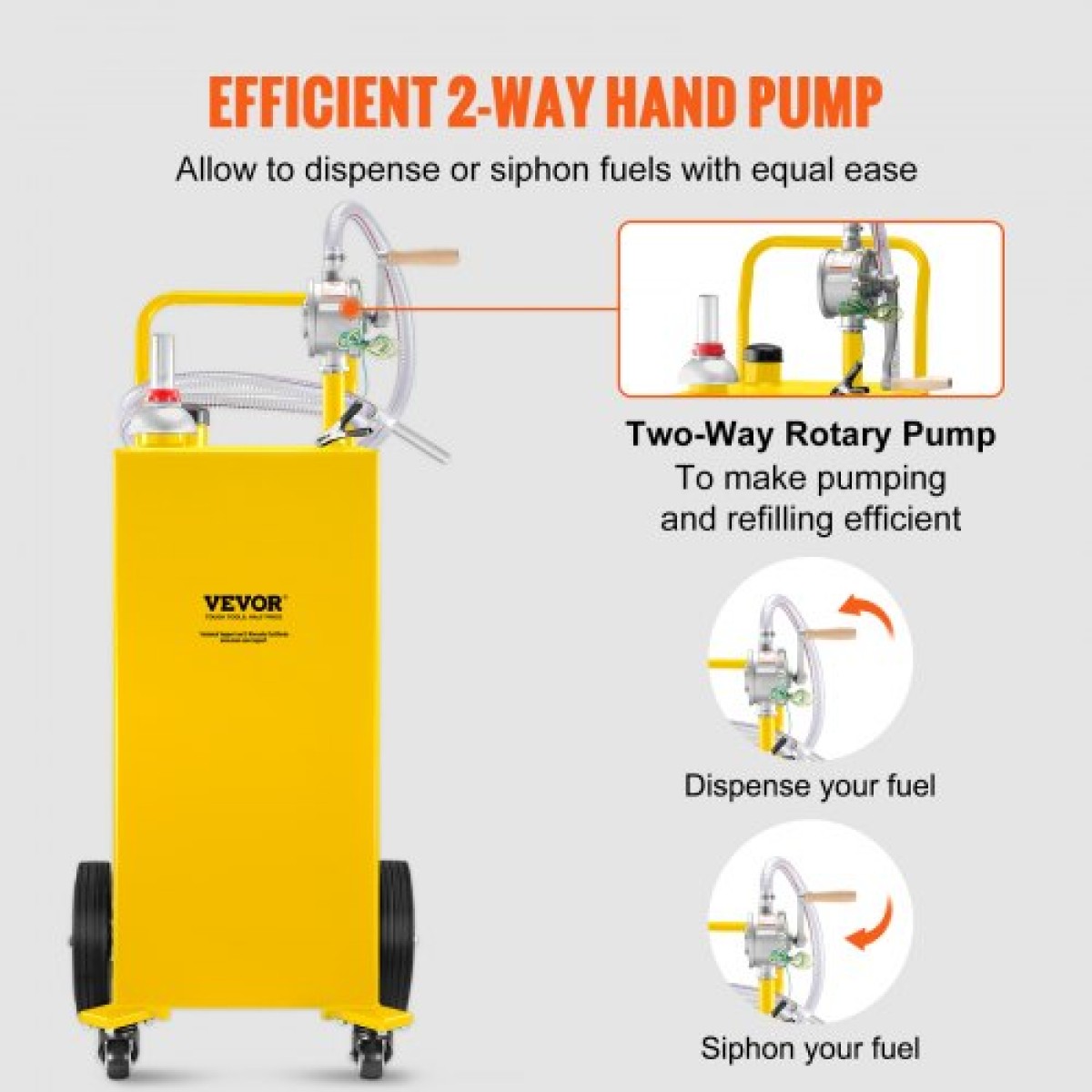 VEVOR Fuel Caddy, 35 Gallon, Δεξαμενή αποθήκευσης αερίου σε 4 τροχούς, με Manuel Transfer Pump, Δοχείο καυσίμου βενζίνης ντίζελ για αυτοκίνητα, χορτοκοπτικά, ATV, σκάφη, Περισσότερα, κίτρινο