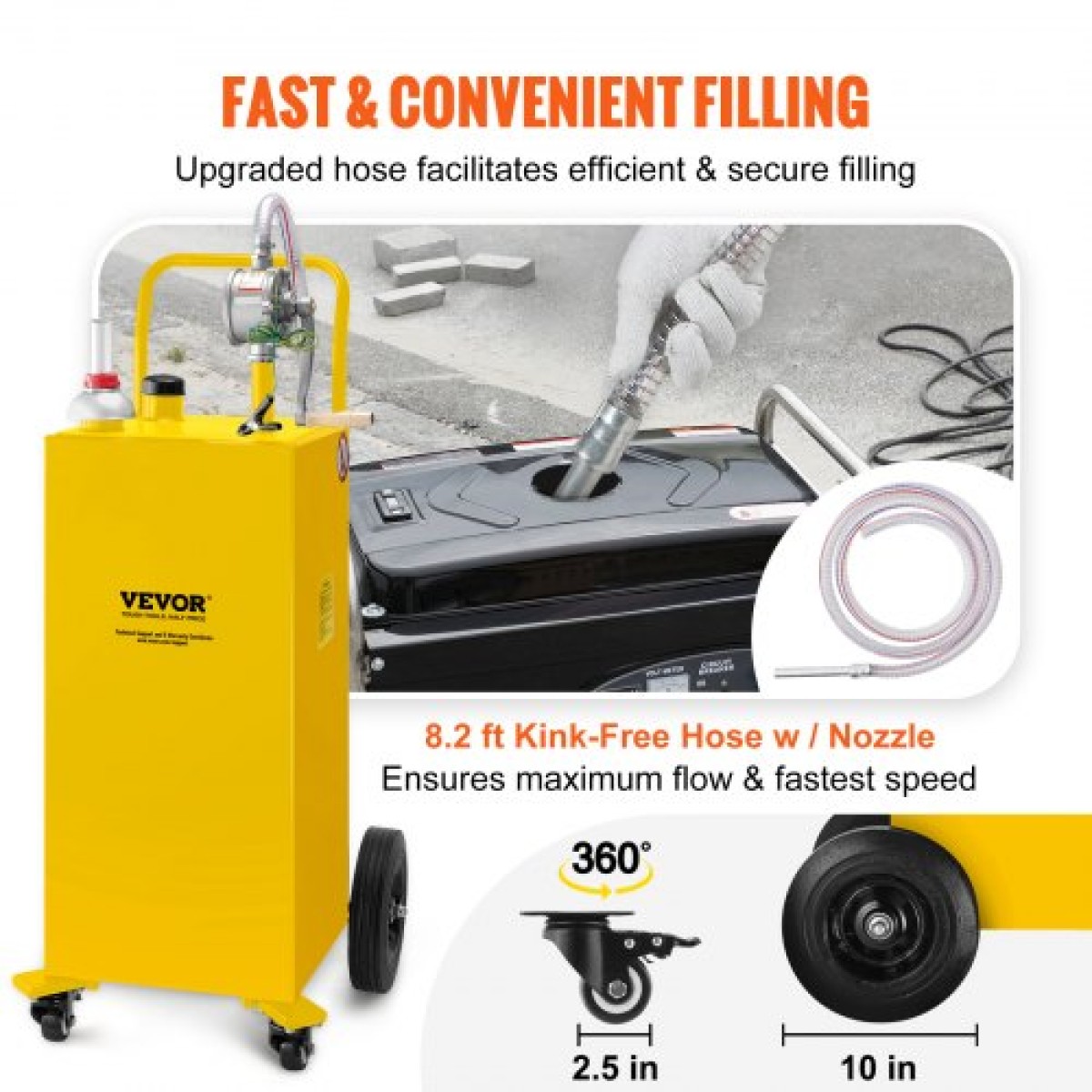 VEVOR Fuel Caddy, 35 Gallon, Δεξαμενή αποθήκευσης αερίου σε 4 τροχούς, με Manuel Transfer Pump, Δοχείο καυσίμου βενζίνης ντίζελ για αυτοκίνητα, χορτοκοπτικά, ATV, σκάφη, Περισσότερα, κίτρινο
