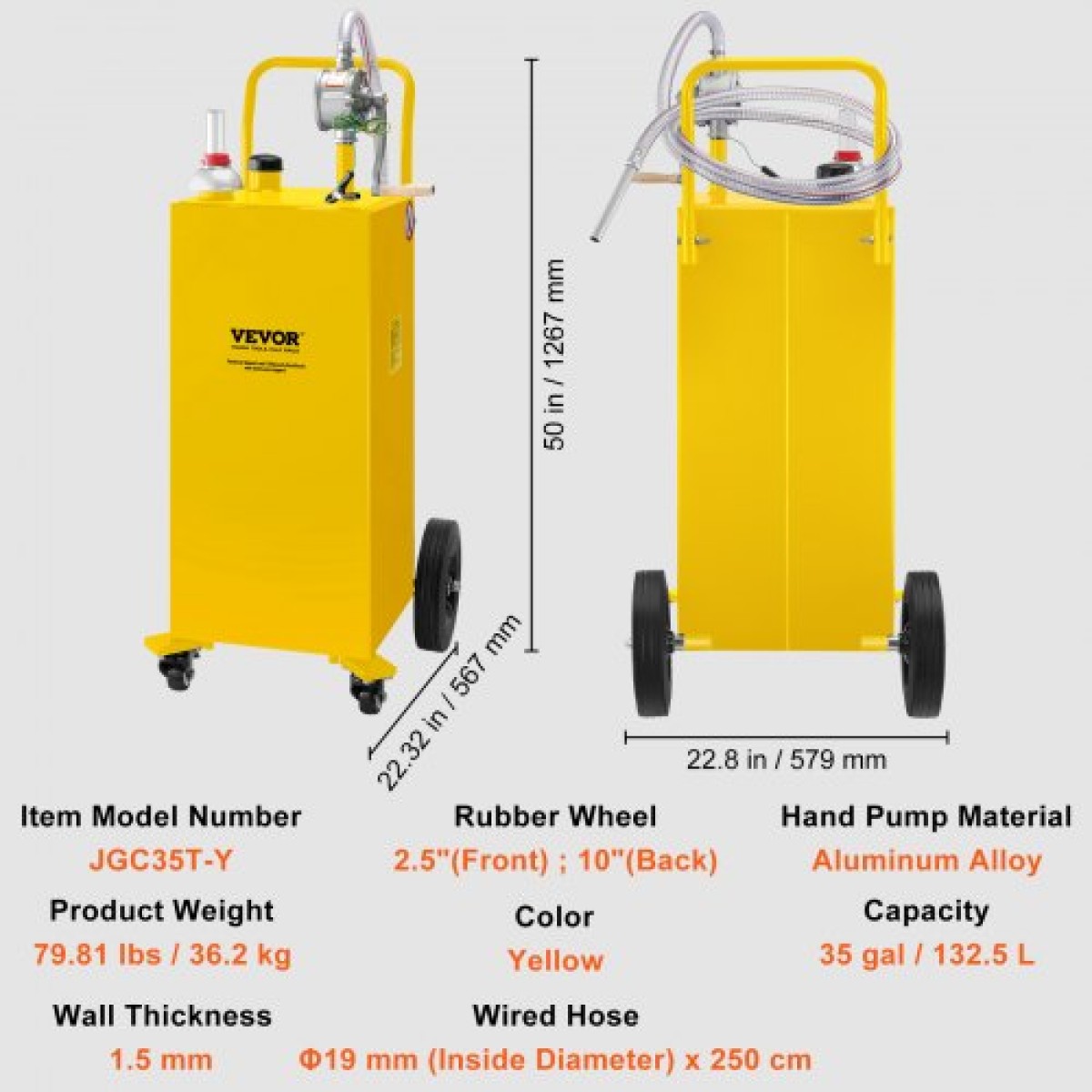 VEVOR Fuel Caddy, 35 Gallon, Δεξαμενή αποθήκευσης αερίου σε 4 τροχούς, με Manuel Transfer Pump, Δοχείο καυσίμου βενζίνης ντίζελ για αυτοκίνητα, χορτοκοπτικά, ATV, σκάφη, Περισσότερα, κίτρινο