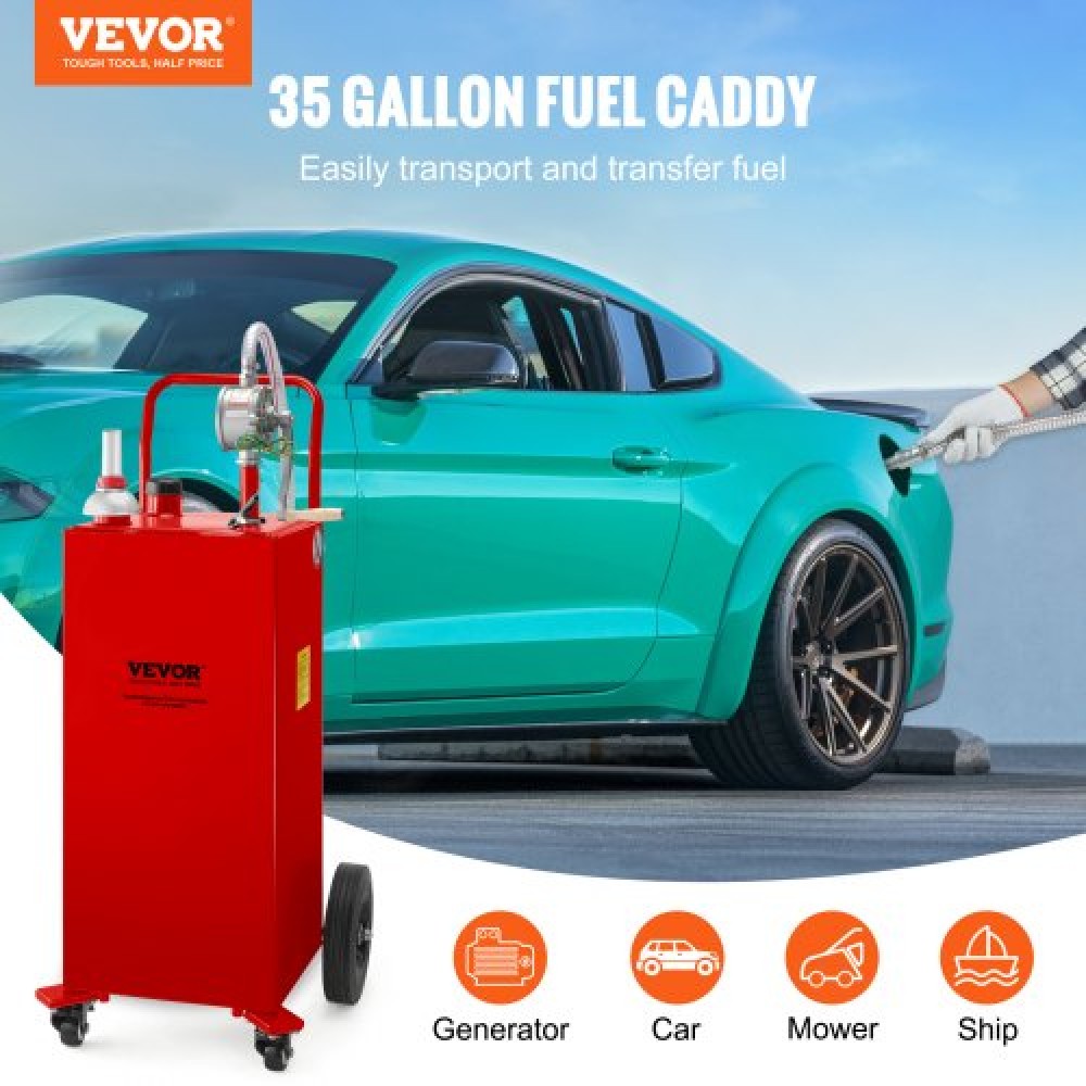 VEVOR Fuel Caddy, 132,49 λίτρα, δοχείο αποθήκευσης αερίου σε 4 τροχούς, με αντλία μεταφοράς Manuel, δοχείο καυσίμου βενζίνης για αυτοκίνητα, χορτοκοπτικά, ATV, σκάφη, Περισσότερα, κόκκινο