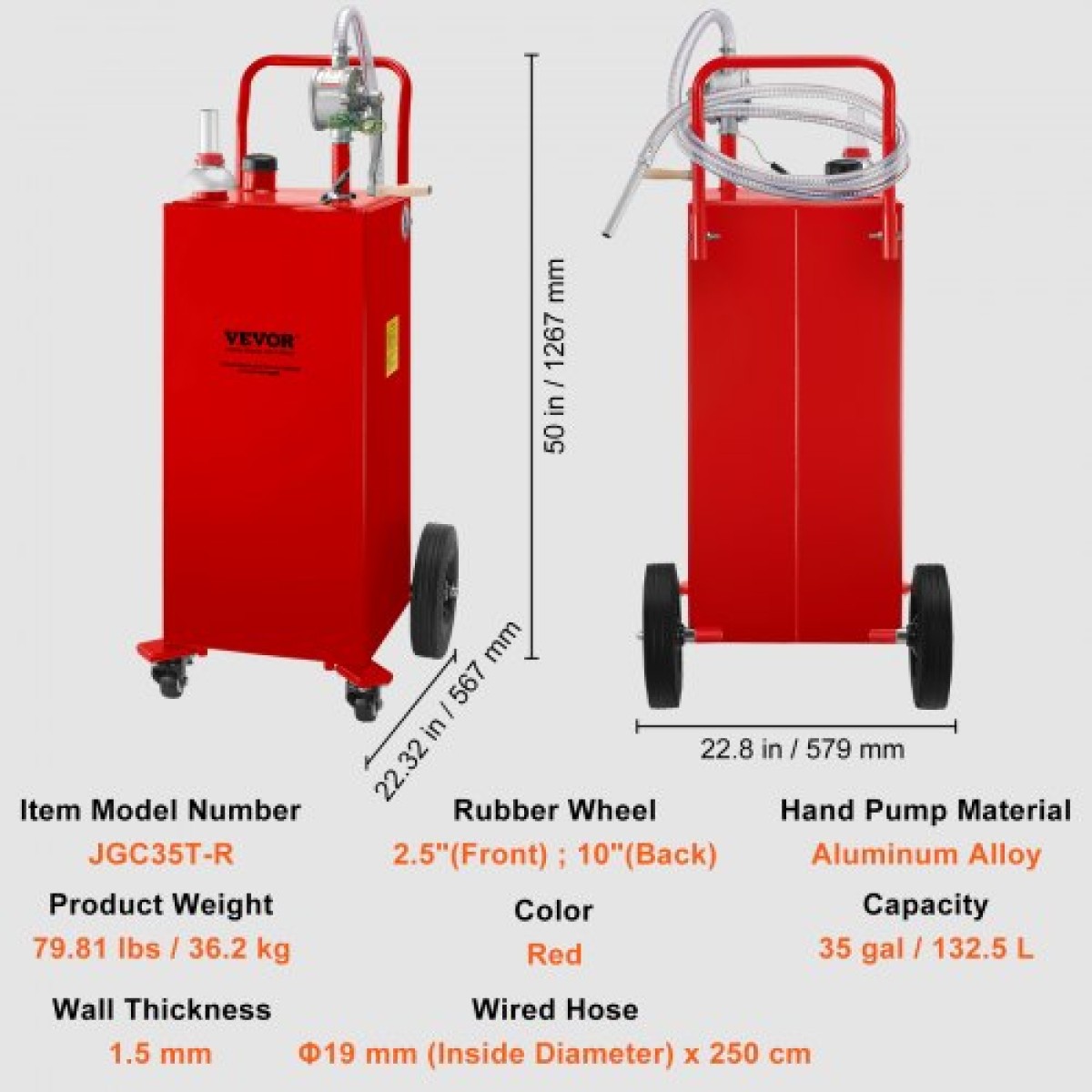 VEVOR Fuel Caddy, 132,49 λίτρα, δοχείο αποθήκευσης αερίου σε 4 τροχούς, με αντλία μεταφοράς Manuel, δοχείο καυσίμου βενζίνης για αυτοκίνητα, χορτοκοπτικά, ATV, σκάφη, Περισσότερα, κόκκινο
