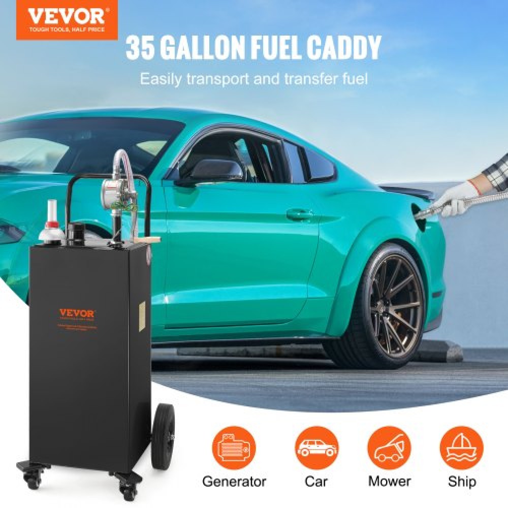 VEVOR Fuel Caddy, 35 Gallon, Δεξαμενή αποθήκευσης αερίου σε 4 τροχούς, με αντλία χειροκίνητης μεταφοράς, δοχείο καυσίμου βενζίνης ντίζελ για αυτοκίνητα, χορτοκοπτικά, ATV, σκάφη, Περισσότερα, Μαύρο