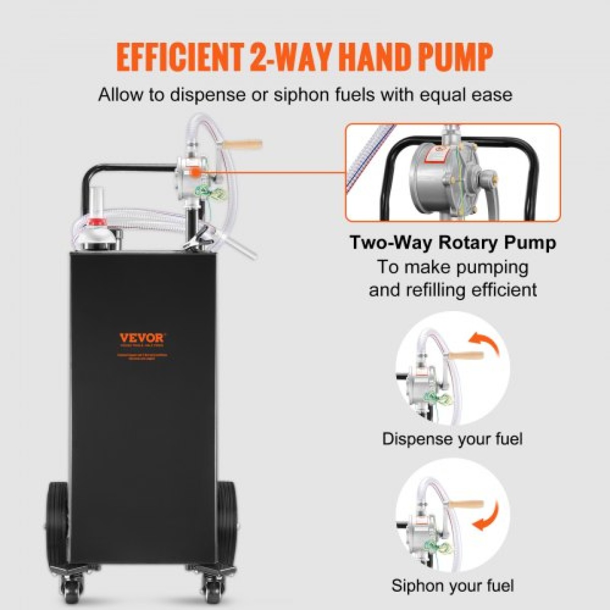 VEVOR Fuel Caddy, 35 Gallon, Δεξαμενή αποθήκευσης αερίου σε 4 τροχούς, με αντλία χειροκίνητης μεταφοράς, δοχείο καυσίμου βενζίνης ντίζελ για αυτοκίνητα, χορτοκοπτικά, ATV, σκάφη, Περισσότερα, Μαύρο