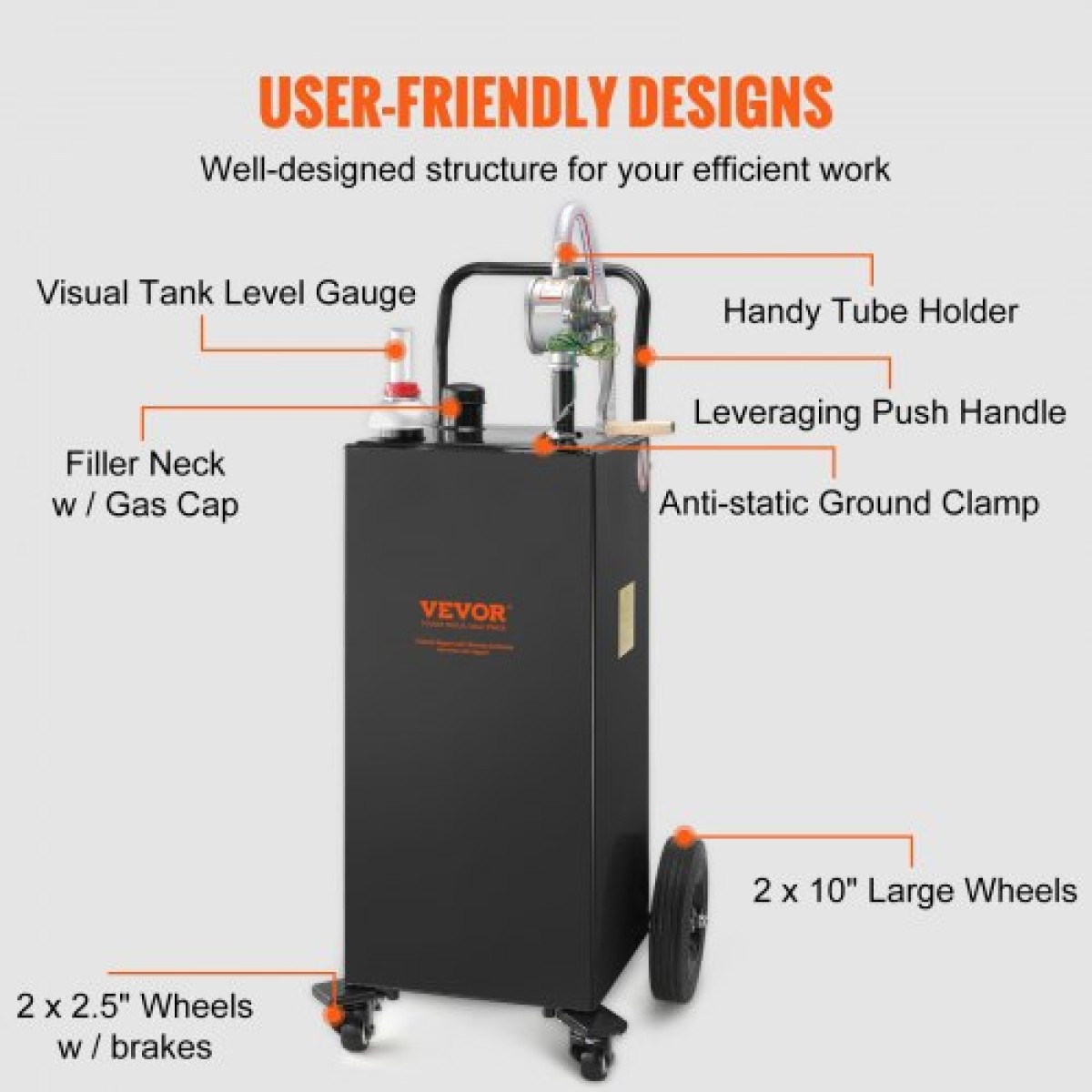 VEVOR Fuel Caddy, 35 Gallon, Δεξαμενή αποθήκευσης αερίου σε 4 τροχούς, με αντλία χειροκίνητης μεταφοράς, δοχείο καυσίμου βενζίνης ντίζελ για αυτοκίνητα, χορτοκοπτικά, ATV, σκάφη, Περισσότερα, Μαύρο