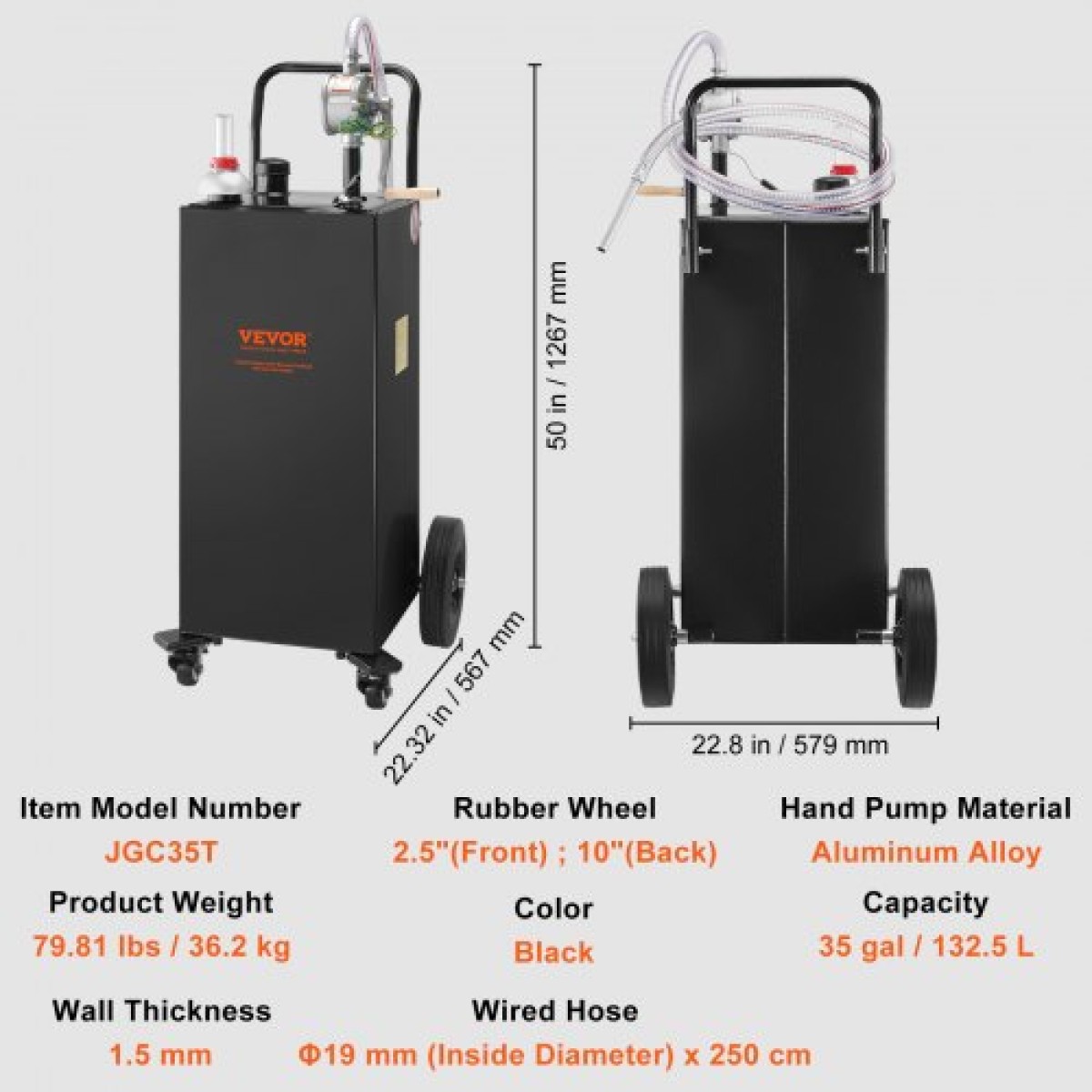 VEVOR Fuel Caddy, 35 Gallon, Δεξαμενή αποθήκευσης αερίου σε 4 τροχούς, με αντλία χειροκίνητης μεταφοράς, δοχείο καυσίμου βενζίνης ντίζελ για αυτοκίνητα, χορτοκοπτικά, ATV, σκάφη, Περισσότερα, Μαύρο