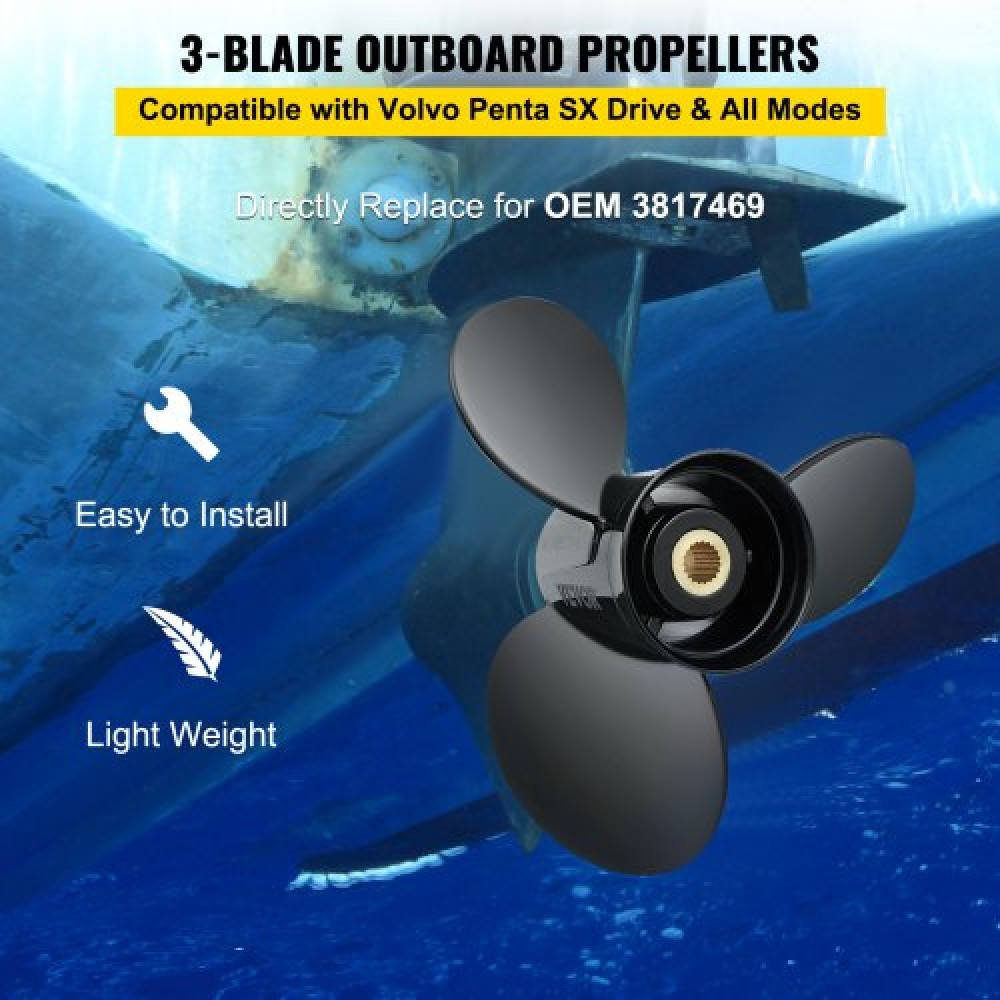 VEVOR Outboard Propeller, Replace for OEM 3817469, 3-Blade 14 1/4 x 21 Pitch Aluminium Boat Propeller, Compatible with Volvo Penta SX Drive All Models, with 19 Tooth Splines, RH